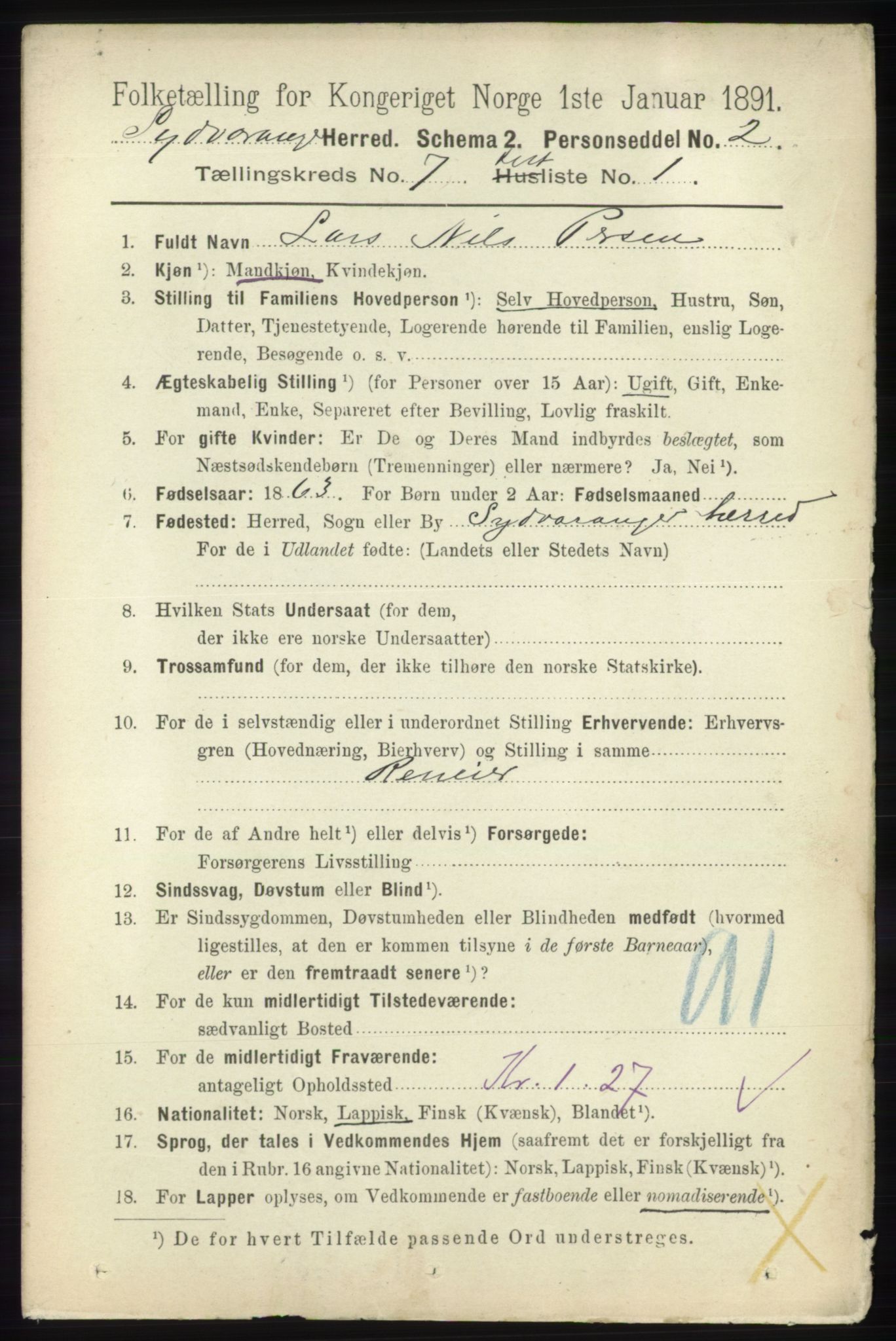 RA, 1891 census for 2030 Sør-Varanger, 1891, p. 2251