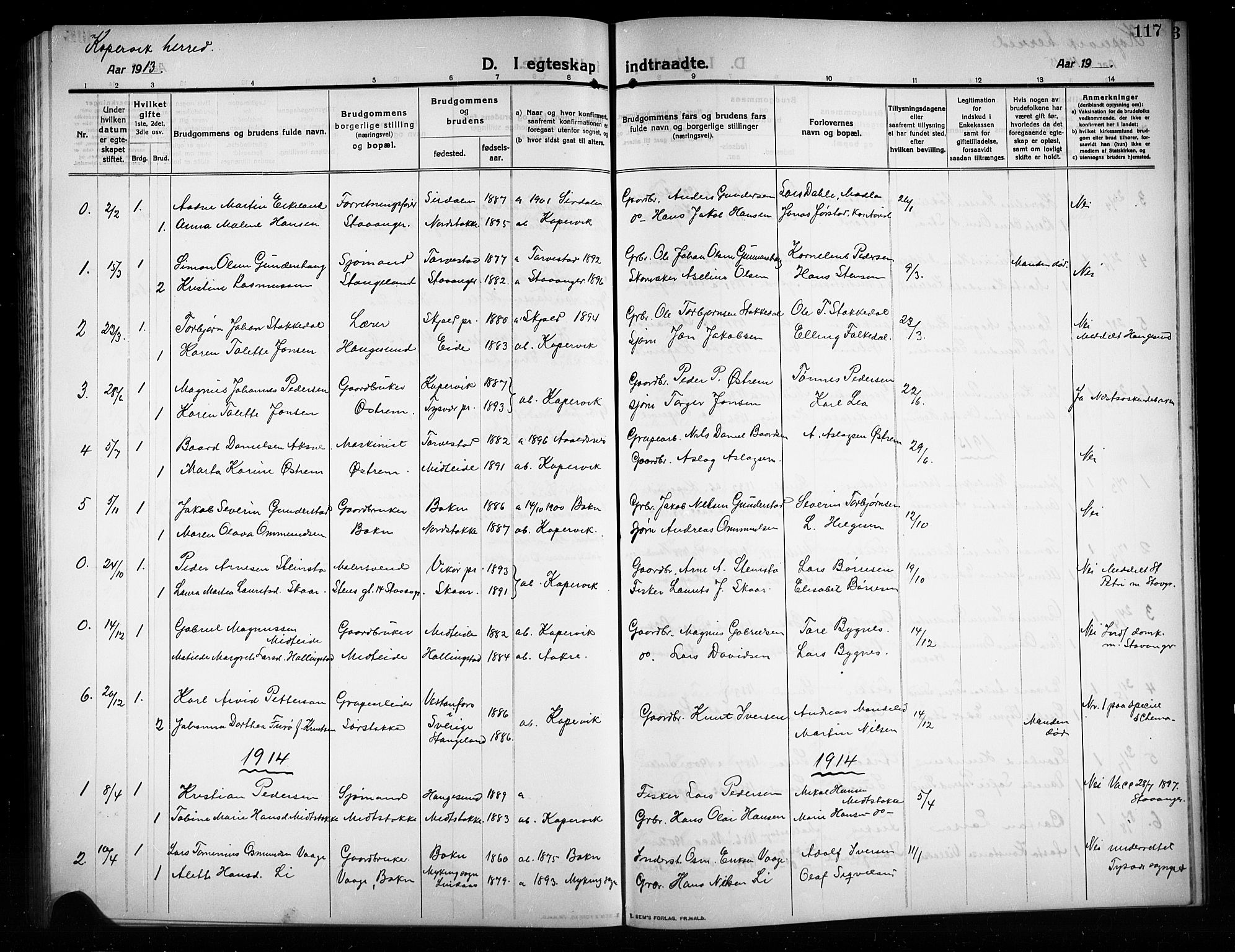 Kopervik sokneprestkontor, AV/SAST-A-101850/H/Ha/Hab/L0005: Parish register (copy) no. B 5, 1909-1918, p. 117