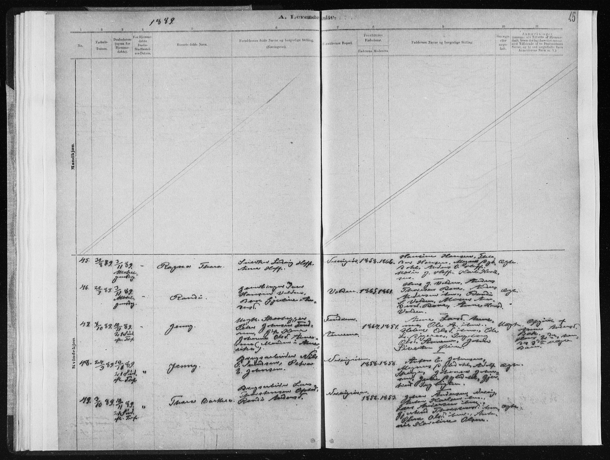 Ministerialprotokoller, klokkerbøker og fødselsregistre - Sør-Trøndelag, AV/SAT-A-1456/668/L0818: Parish register (copy) no. 668C07, 1885-1898, p. 45