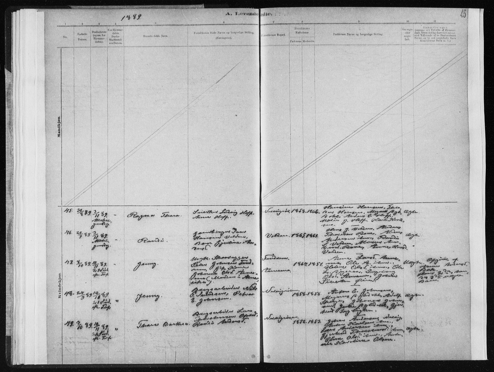 Ministerialprotokoller, klokkerbøker og fødselsregistre - Sør-Trøndelag, AV/SAT-A-1456/668/L0818: Parish register (copy) no. 668C07, 1885-1898, p. 45