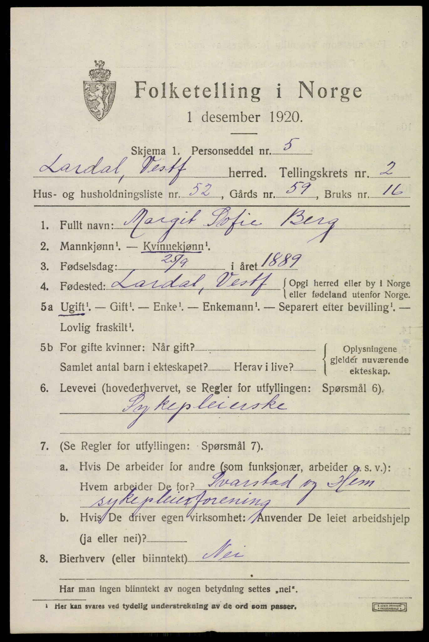 SAKO, 1920 census for Lardal, 1920, p. 2533