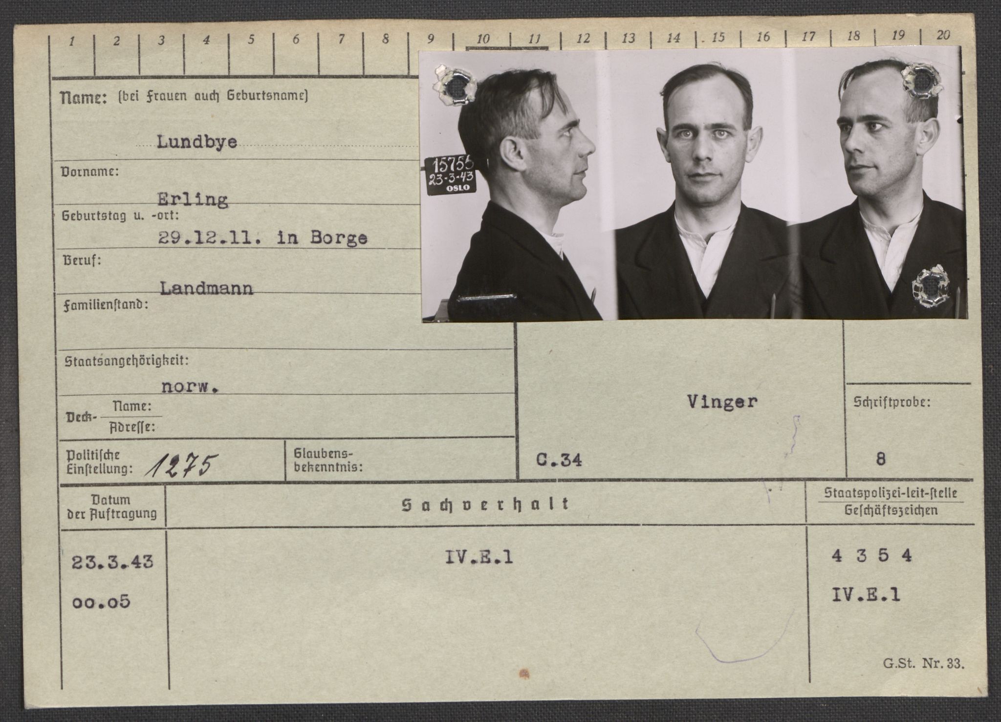 Befehlshaber der Sicherheitspolizei und des SD, RA/RAFA-5969/E/Ea/Eaa/L0007: Register over norske fanger i Møllergata 19: Lundb-N, 1940-1945, p. 4