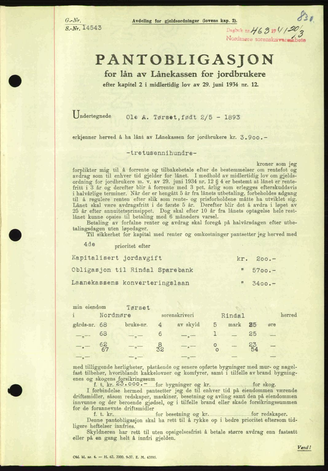 Nordmøre sorenskriveri, AV/SAT-A-4132/1/2/2Ca: Mortgage book no. B87, 1940-1941, Diary no: : 463/1941