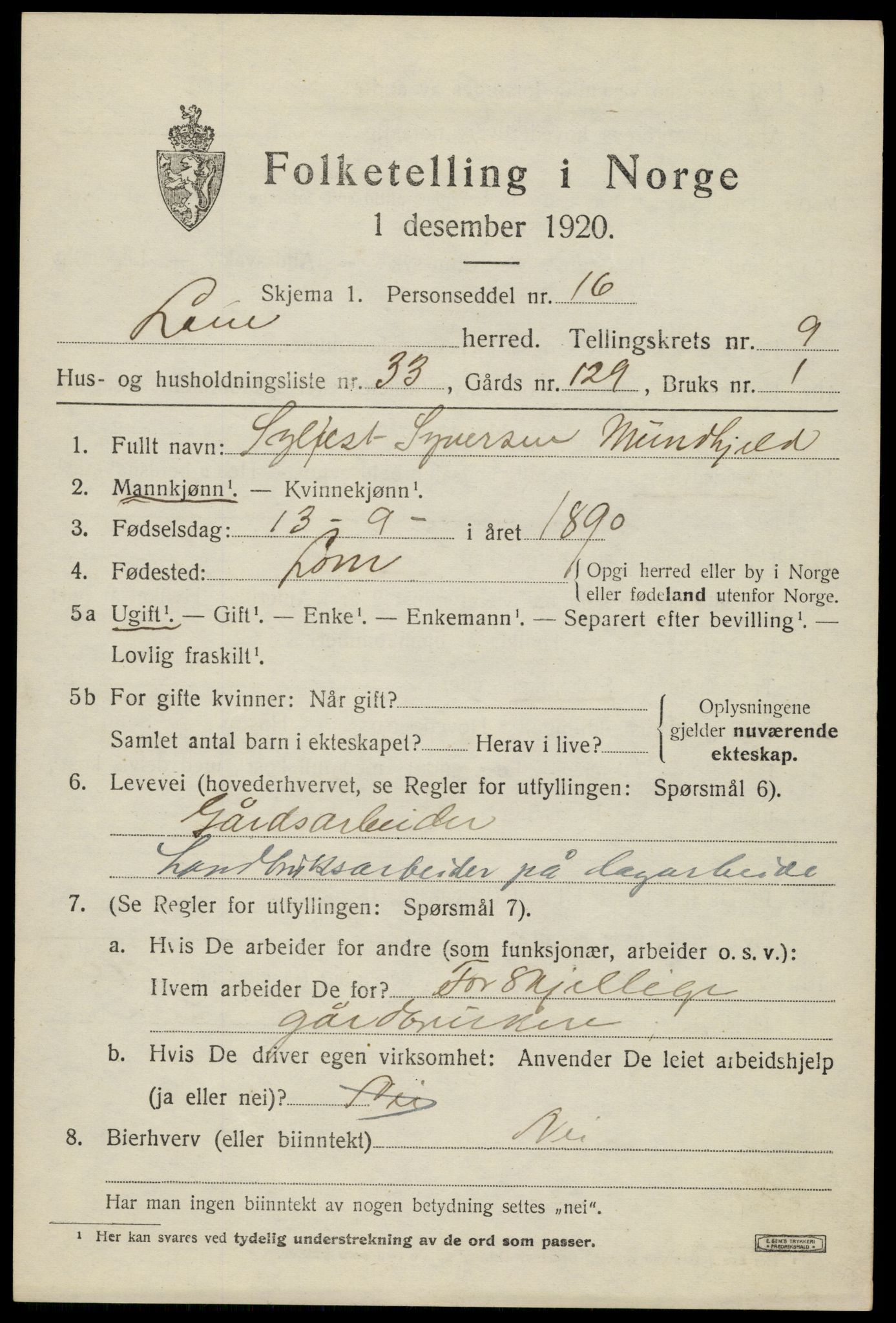 SAH, 1920 census for Lom, 1920, p. 5462