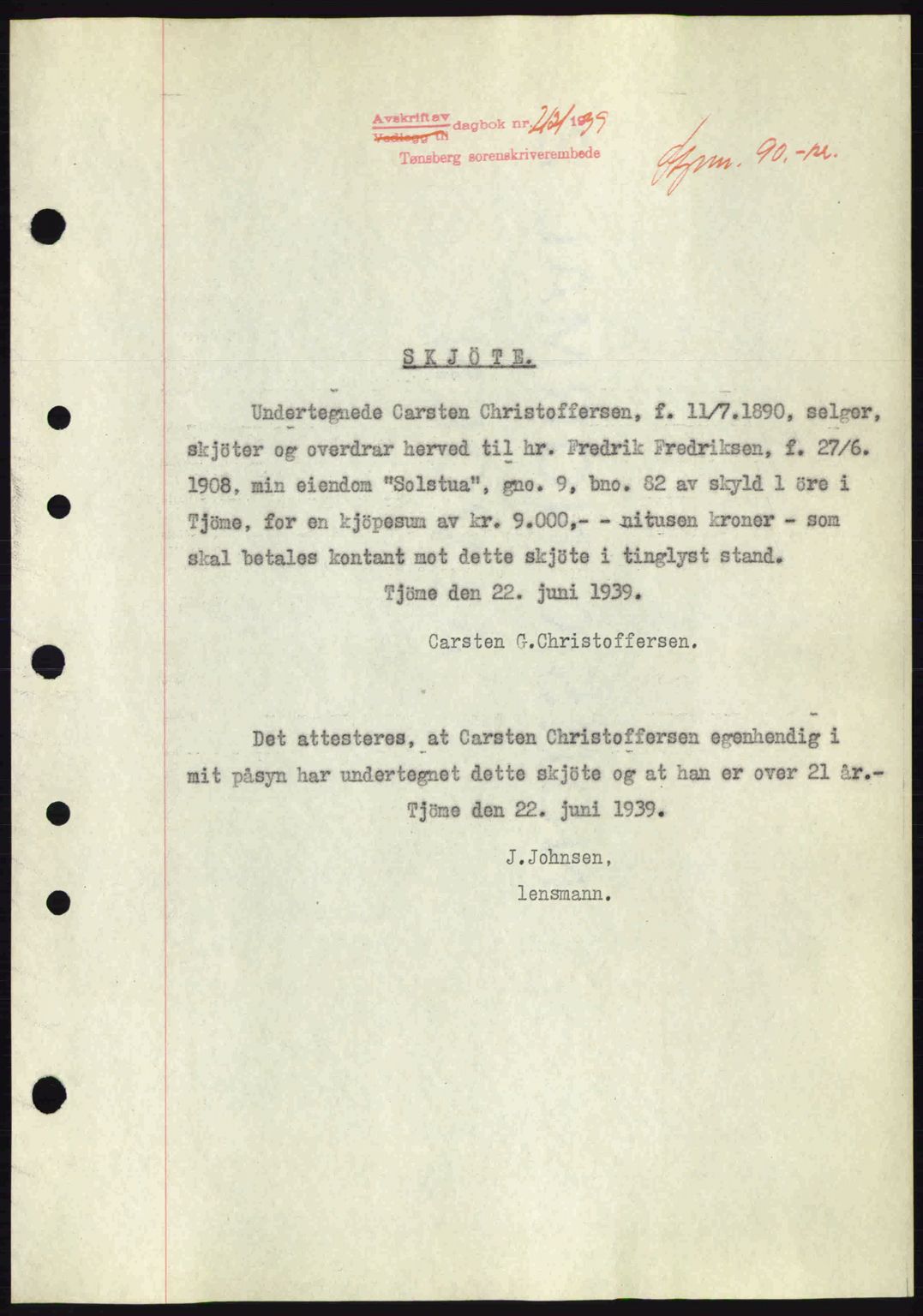 Tønsberg sorenskriveri, AV/SAKO-A-130/G/Ga/Gaa/L0007: Mortgage book no. A7, 1939-1939, Diary no: : 2131/1939