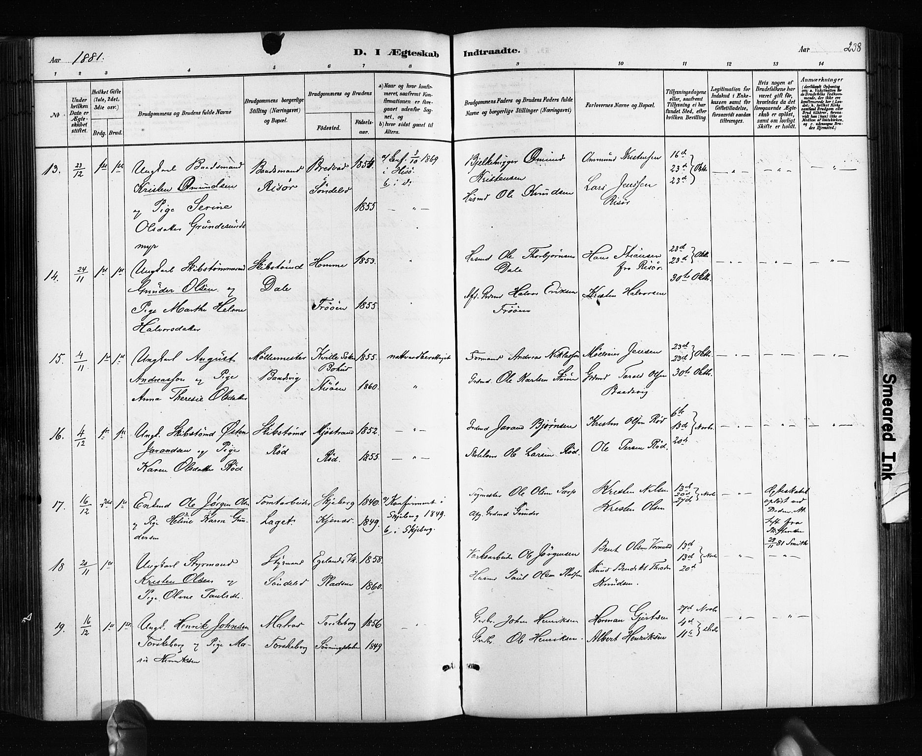 Søndeled sokneprestkontor, AV/SAK-1111-0038/F/Fa/L0004: Parish register (official) no. A 4, 1880-1889, p. 238