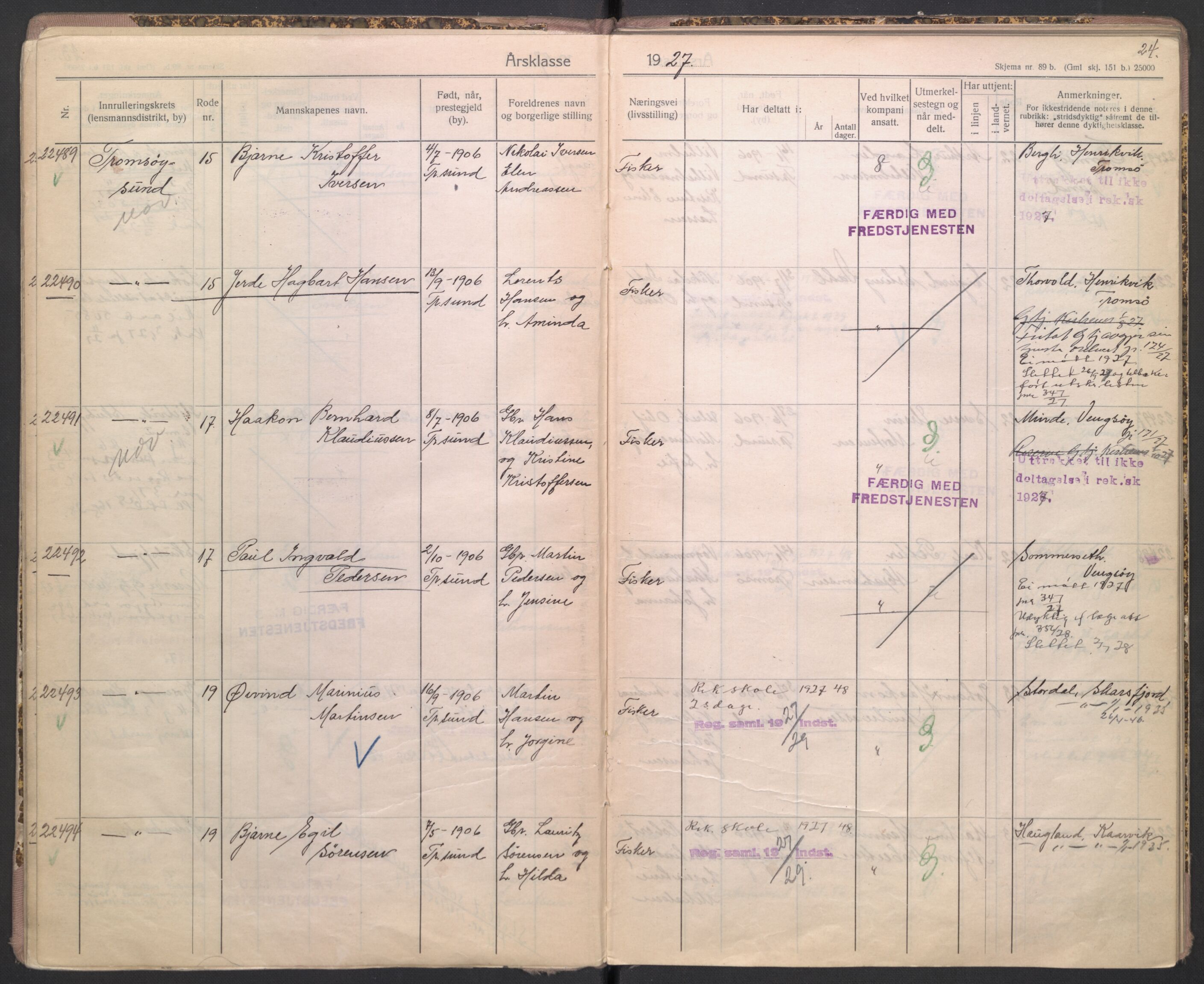 Forsvaret, Troms infanteriregiment nr. 16, AV/RA-RAFA-3146/P/Pa/L0004/0004: Ruller / Rulle for Bardu bataljons menige mannskaper, årsklasse 1927, 1927, p. 24