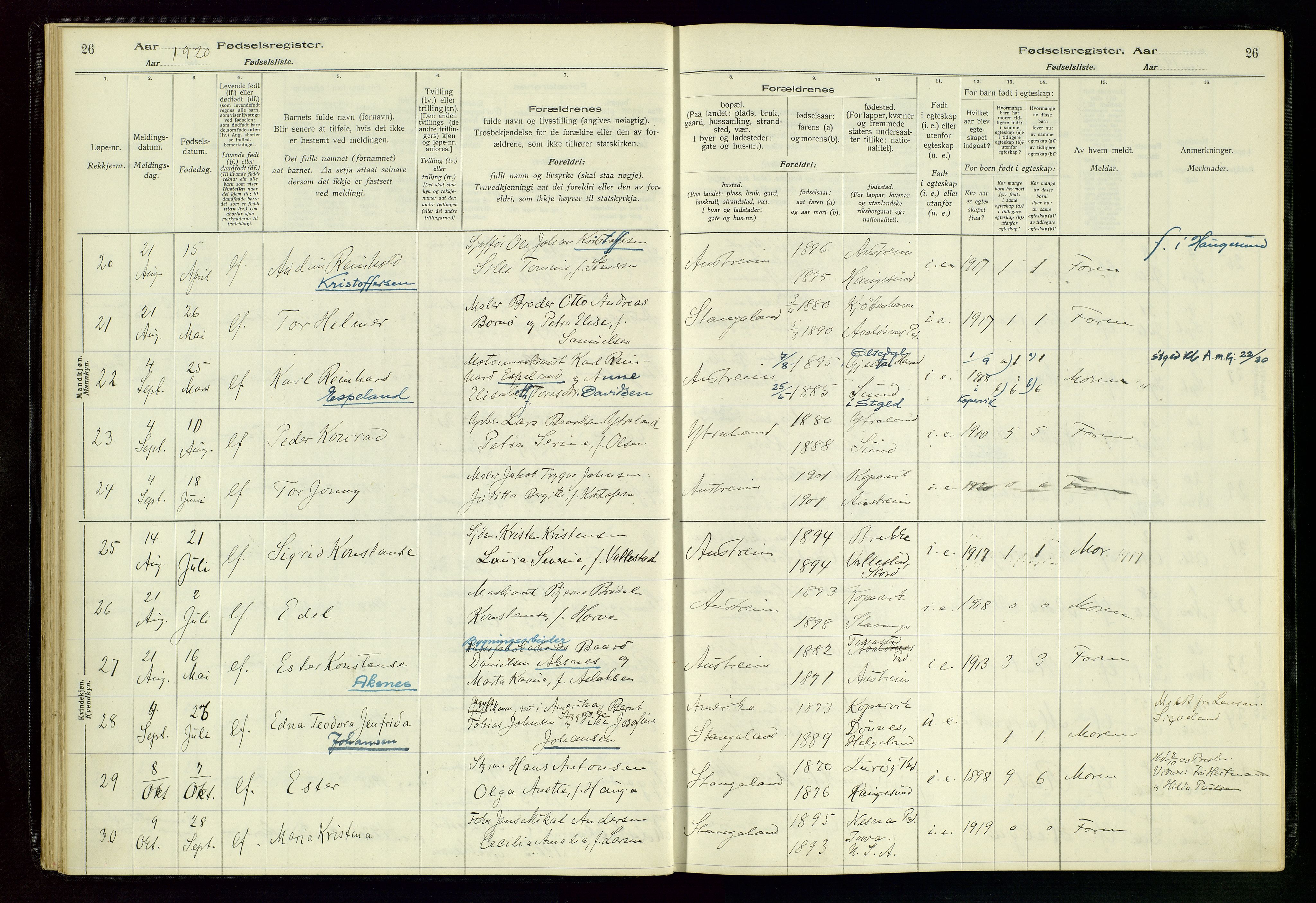 Kopervik sokneprestkontor, SAST/A-101850/I/Id/L0004: Birth register no. 4, 1916-1958, p. 26