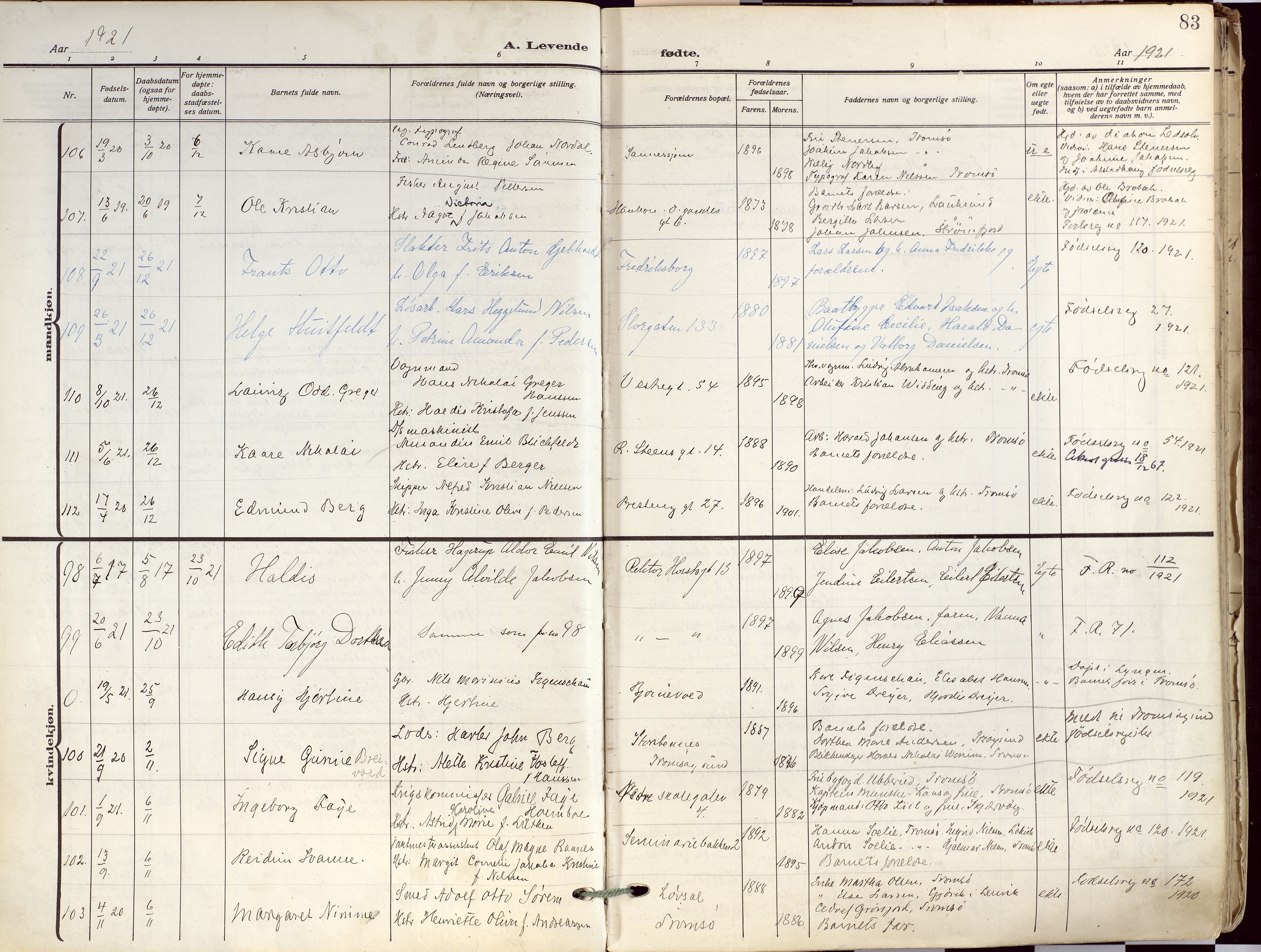 Tromsø sokneprestkontor/stiftsprosti/domprosti, AV/SATØ-S-1343/G/Ga/L0019kirke: Parish register (official) no. 19, 1917-1927, p. 83