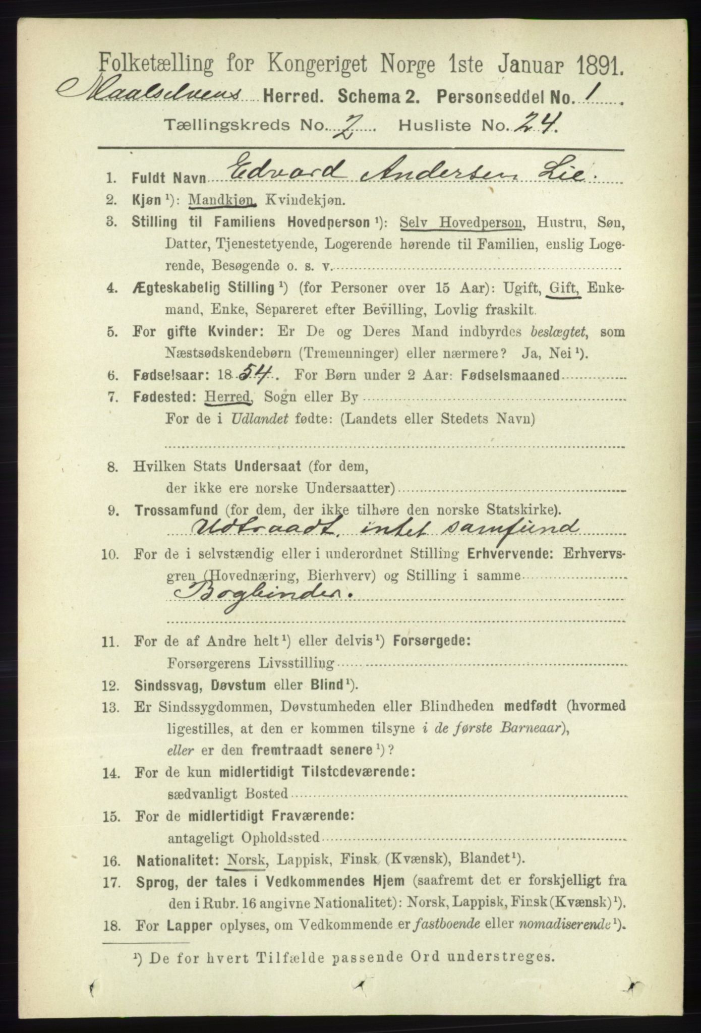 RA, 1891 census for 1924 Målselv, 1891, p. 438