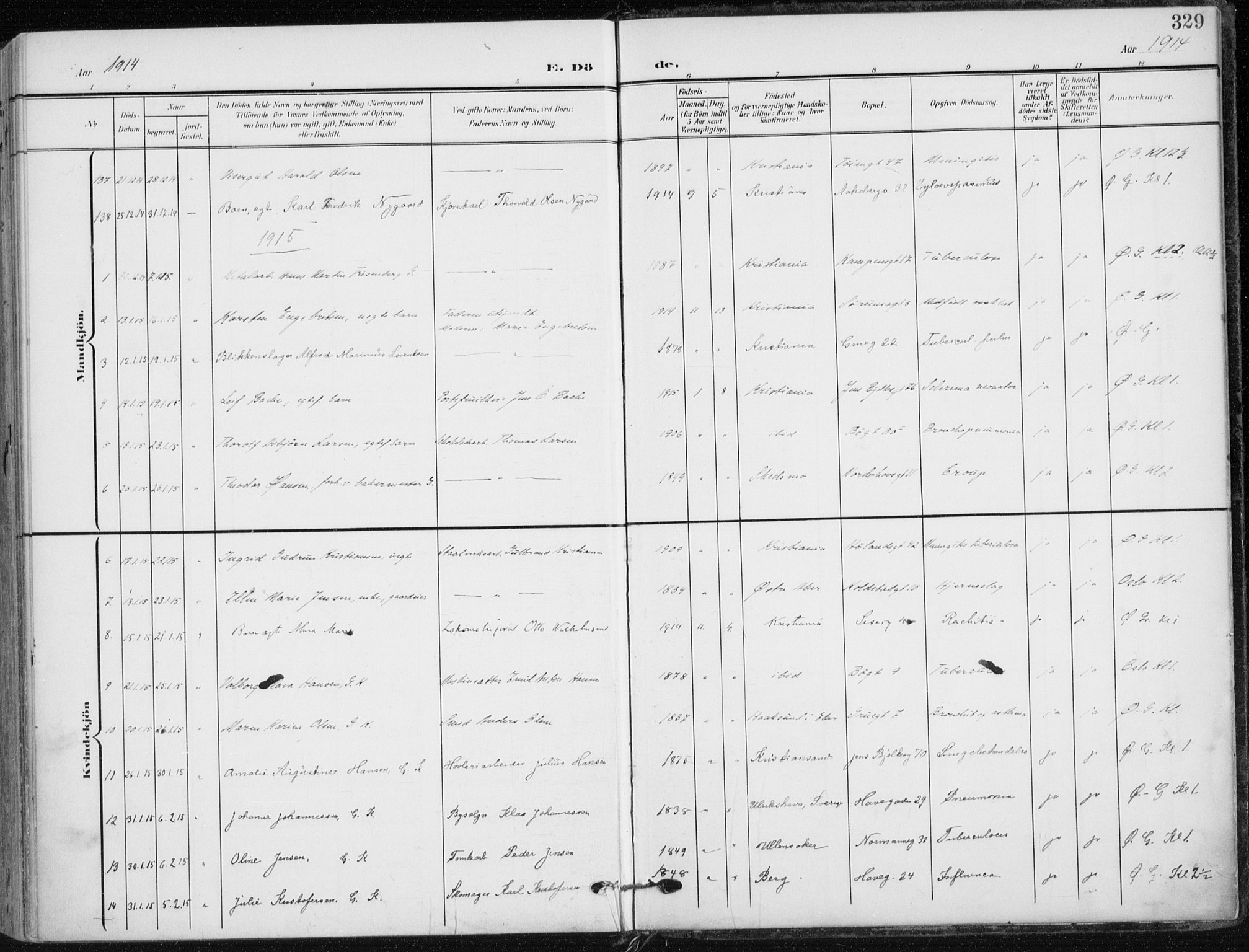 Kampen prestekontor Kirkebøker, AV/SAO-A-10853/F/Fa/L0011: Parish register (official) no. I 11, 1907-1917, p. 329