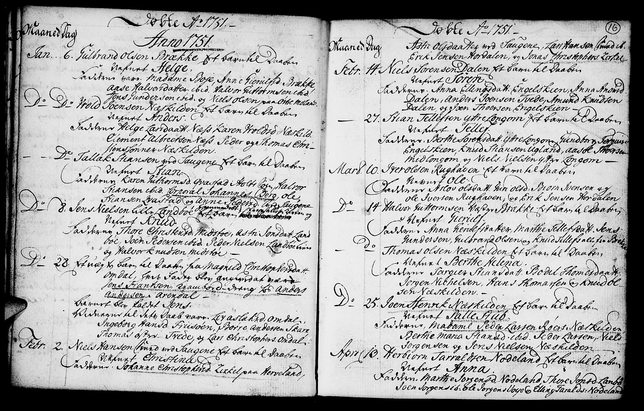 Austre Moland sokneprestkontor, SAK/1111-0001/F/Fa/Faa/L0001: Parish register (official) no. A 1, 1747-1764, p. 16