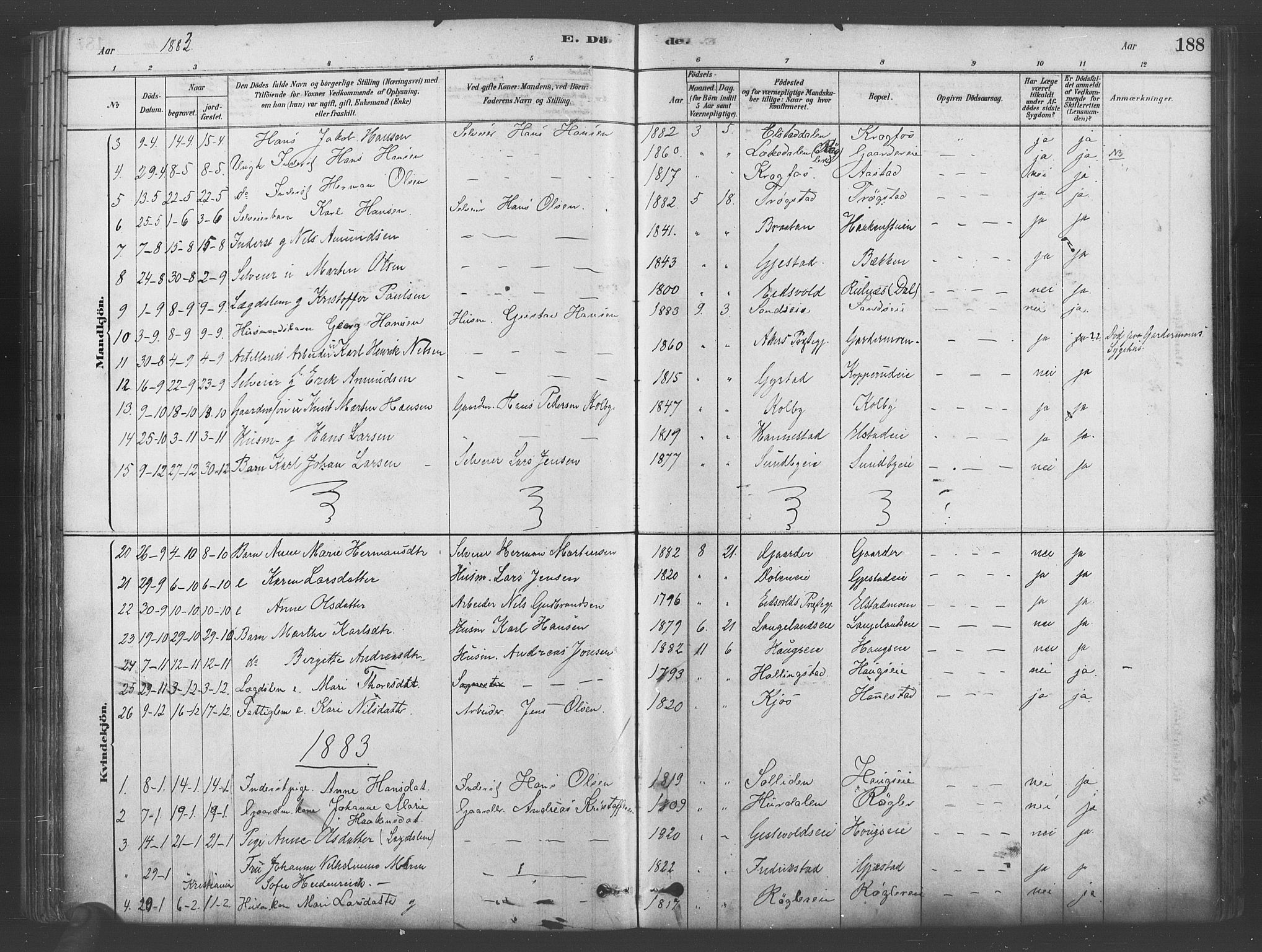 Ullensaker prestekontor Kirkebøker, AV/SAO-A-10236a/F/Fb/L0001: Parish register (official) no. II 1, 1878-1893, p. 188