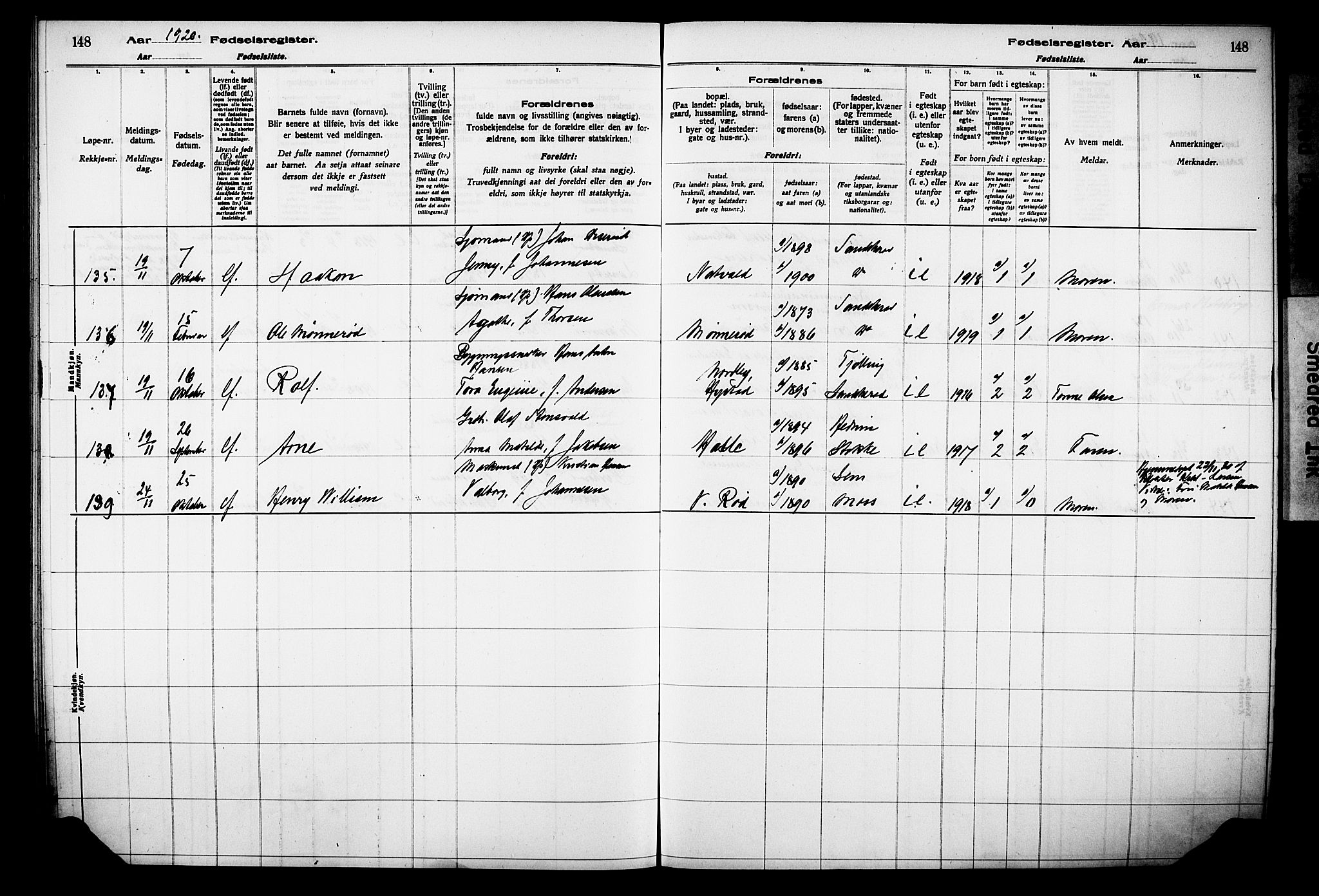 Sandar kirkebøker, AV/SAKO-A-243/J/Ja/L0001: Birth register no. 1, 1916-1922, p. 148