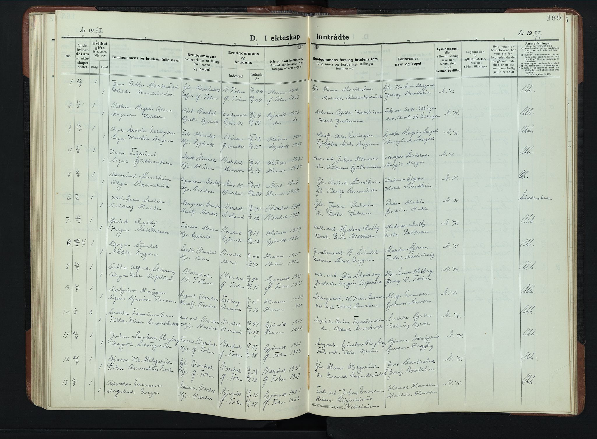 Vardal prestekontor, SAH/PREST-100/H/Ha/Hab/L0023: Parish register (copy) no. 23, 1929-1941, p. 169