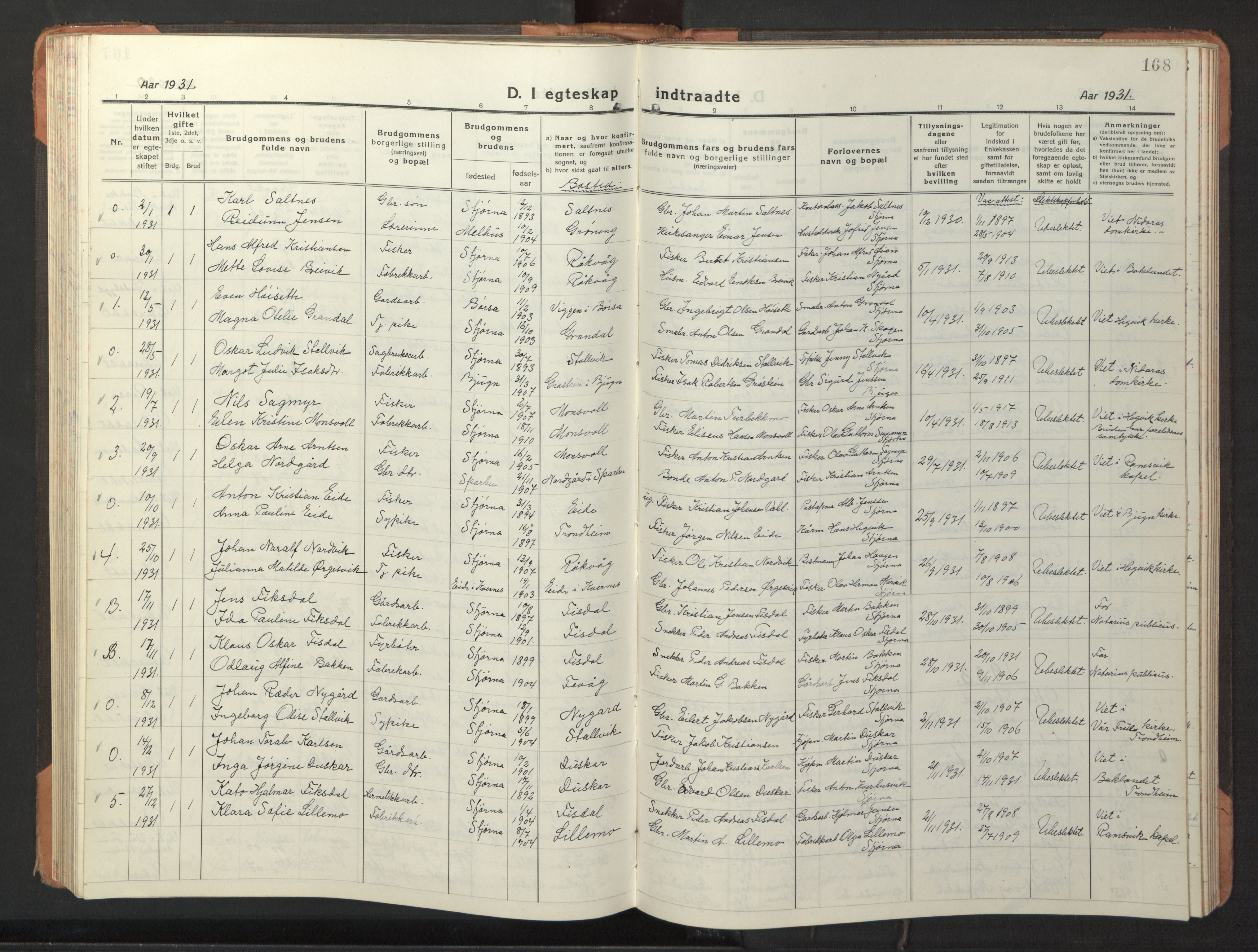 Ministerialprotokoller, klokkerbøker og fødselsregistre - Sør-Trøndelag, SAT/A-1456/653/L0658: Parish register (copy) no. 653C02, 1919-1947, p. 168