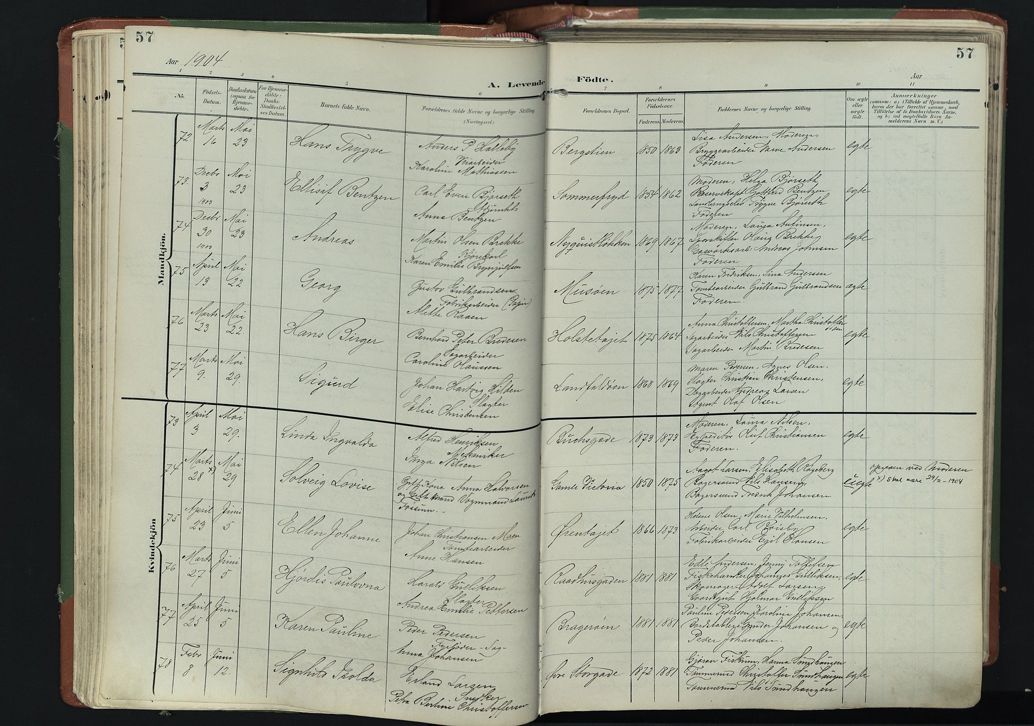 Bragernes kirkebøker, SAKO/A-6/F/Fb/L0009: Parish register (official) no. II 9, 1902-1911, p. 57