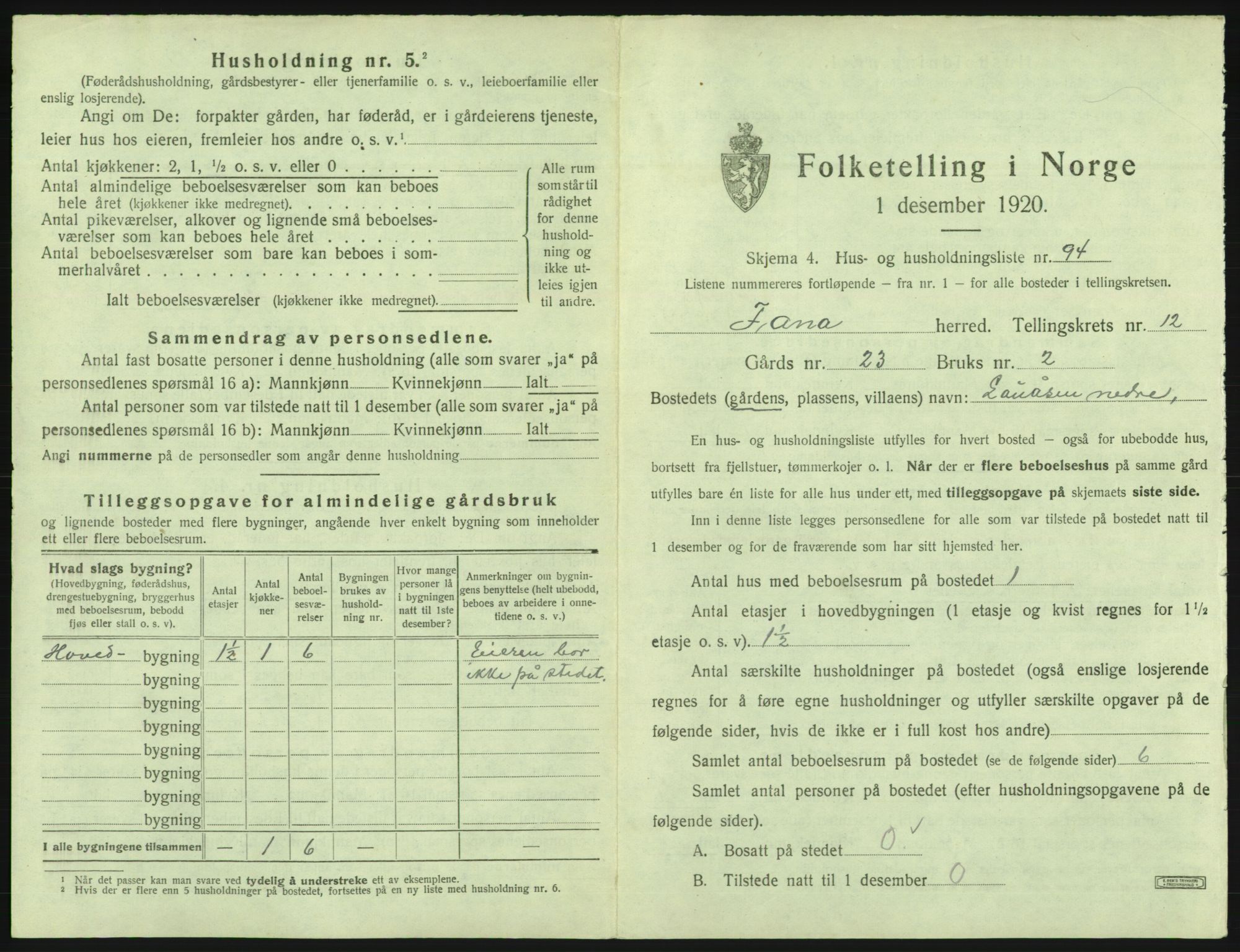 SAB, 1920 census for Fana, 1920, p. 2255