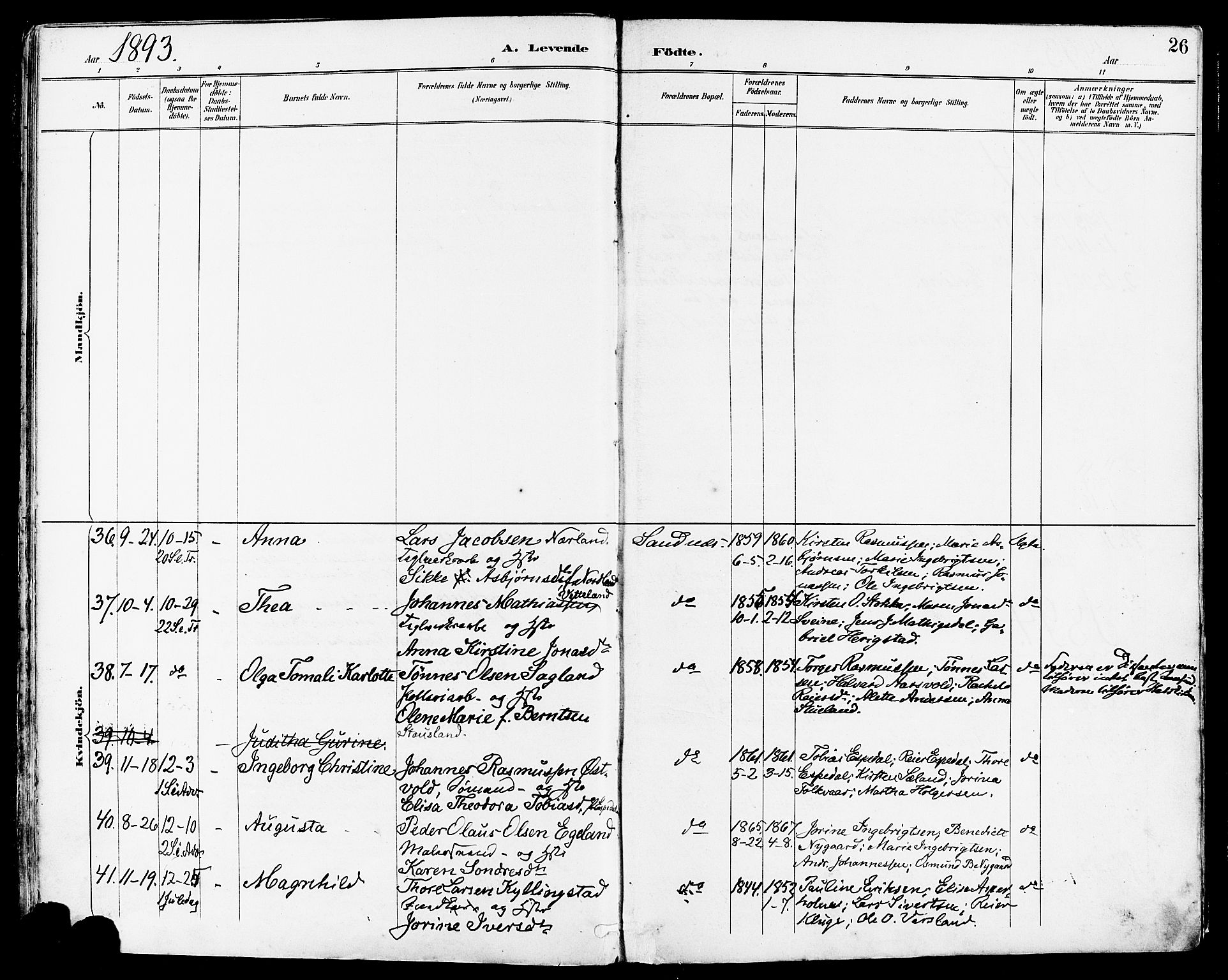 Høyland sokneprestkontor, AV/SAST-A-101799/001/30BA/L0014: Parish register (official) no. A 12, 1890-1898, p. 26