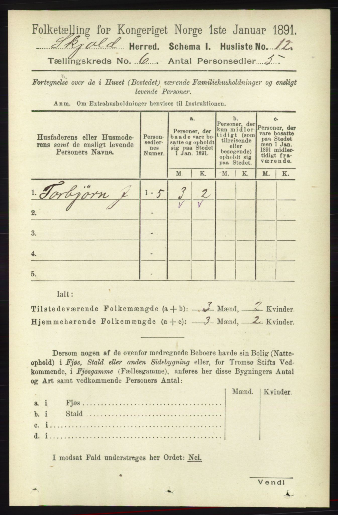 RA, 1891 census for 1154 Skjold, 1891, p. 961