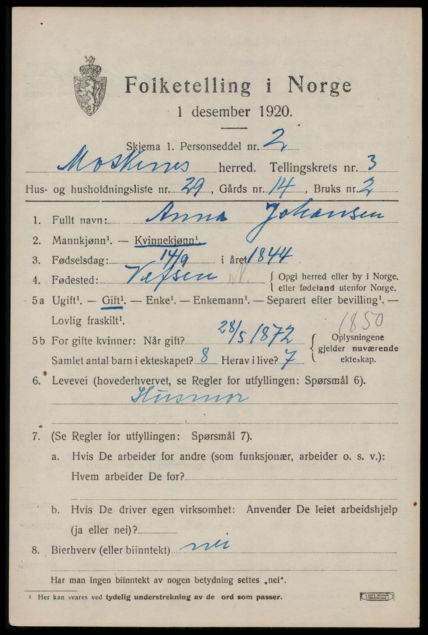 SAT, 1920 census for Moskenes, 1920, p. 2072