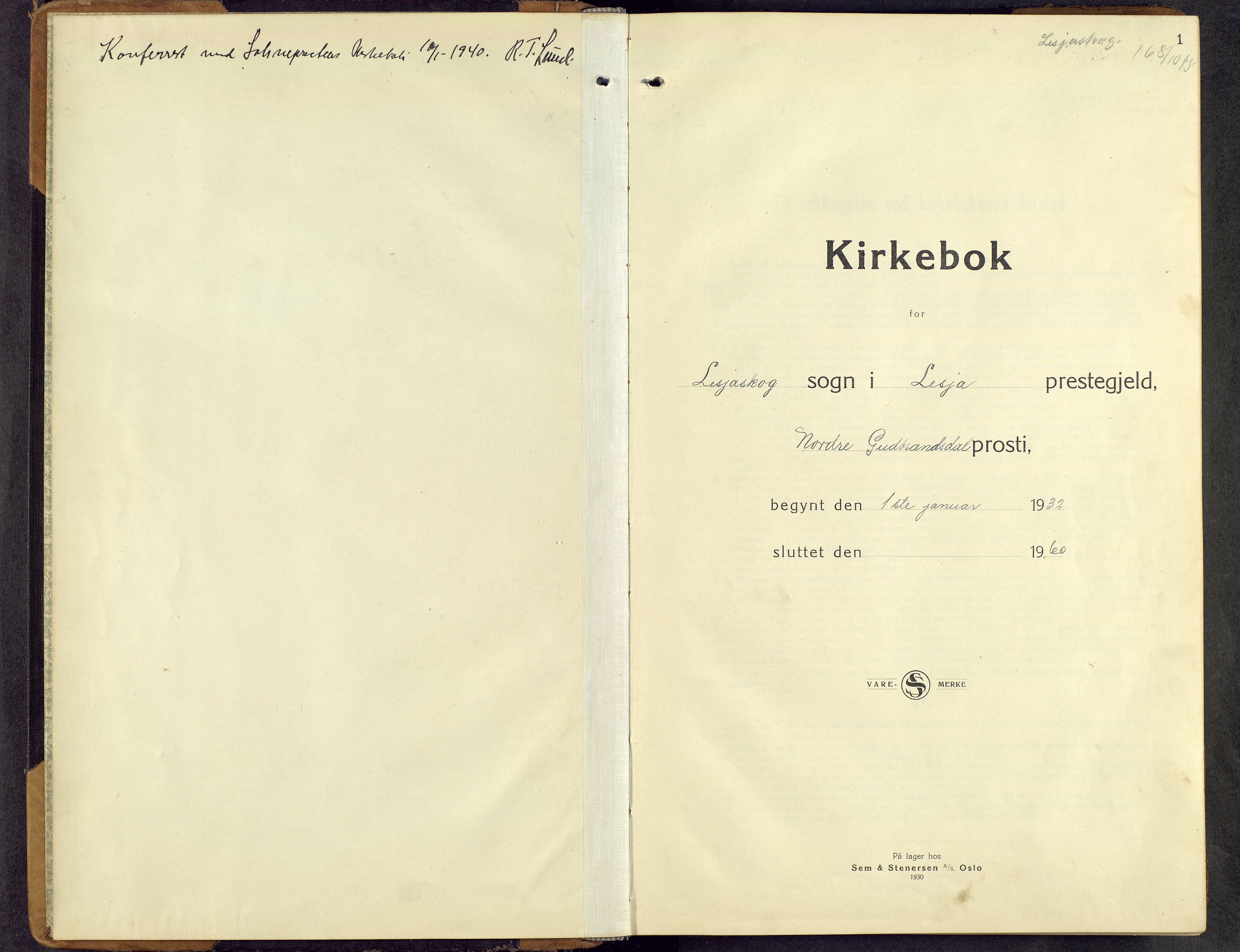 Lesja prestekontor, SAH/PREST-068/H/Ha/Hab/L0011: Parish register (copy) no. 11, 1932-1960, p. 1