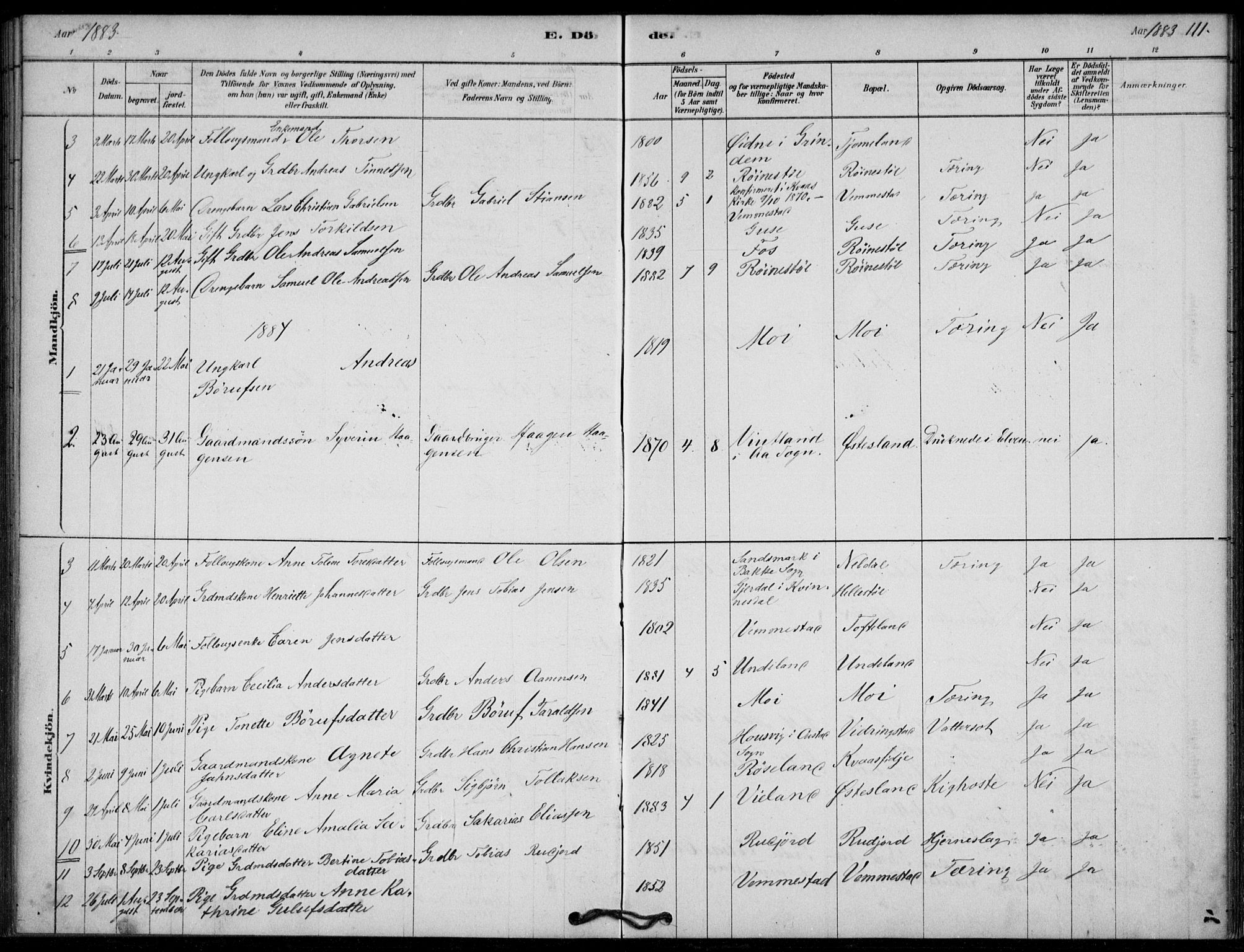 Lyngdal sokneprestkontor, AV/SAK-1111-0029/F/Fa/Fab/L0003: Parish register (official) no. A 3, 1878-1903, p. 111