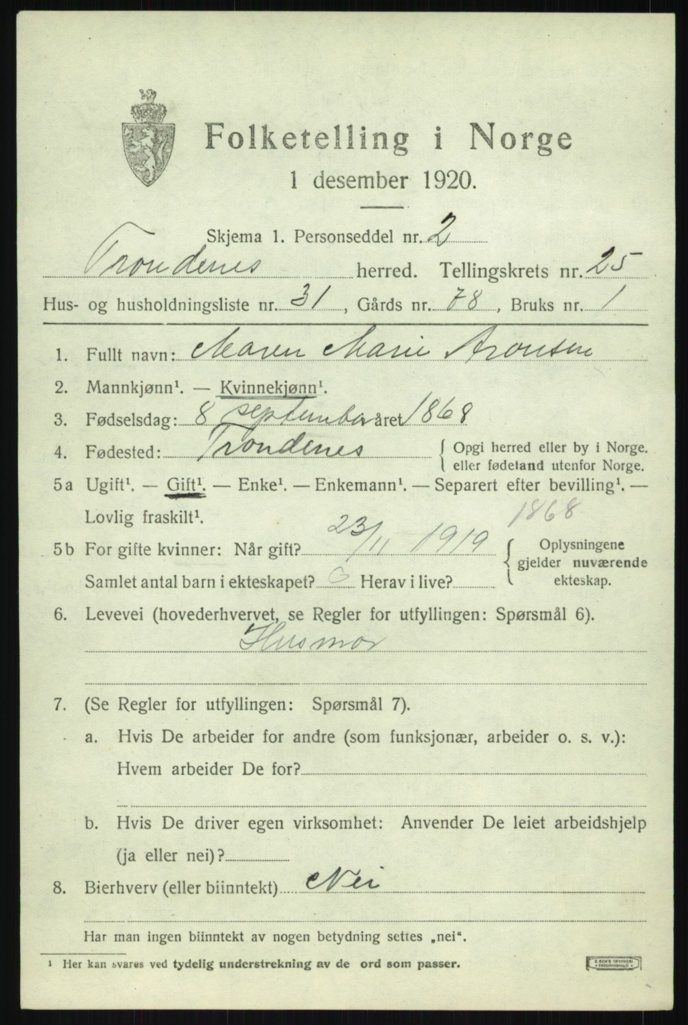 SATØ, 1920 census for Trondenes, 1920, p. 18816