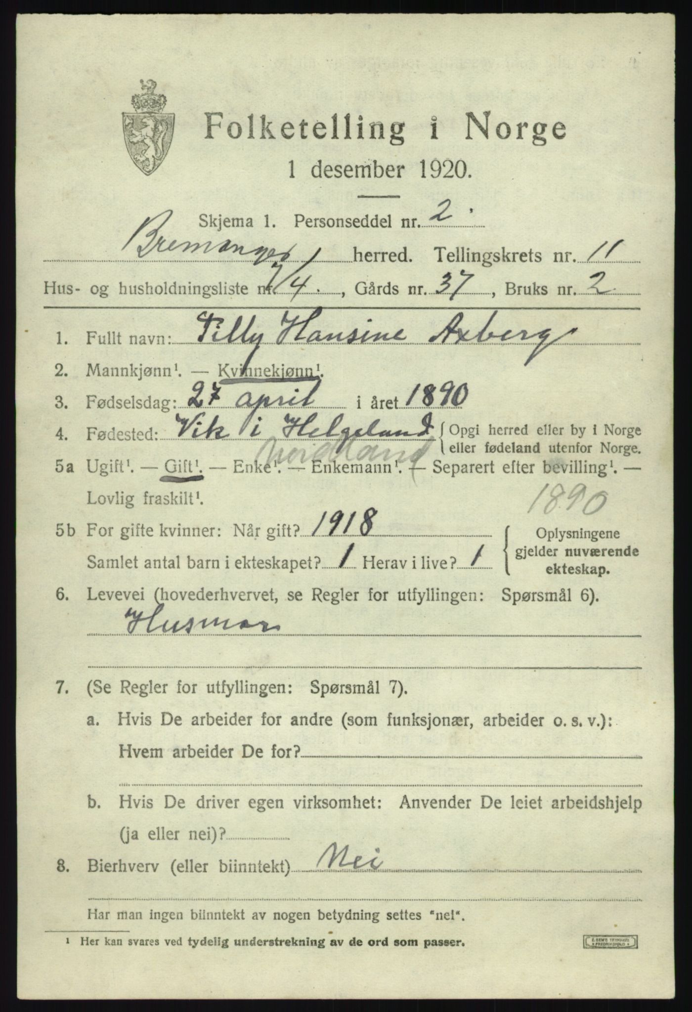 SAB, 1920 census for Bremanger, 1920, p. 5820