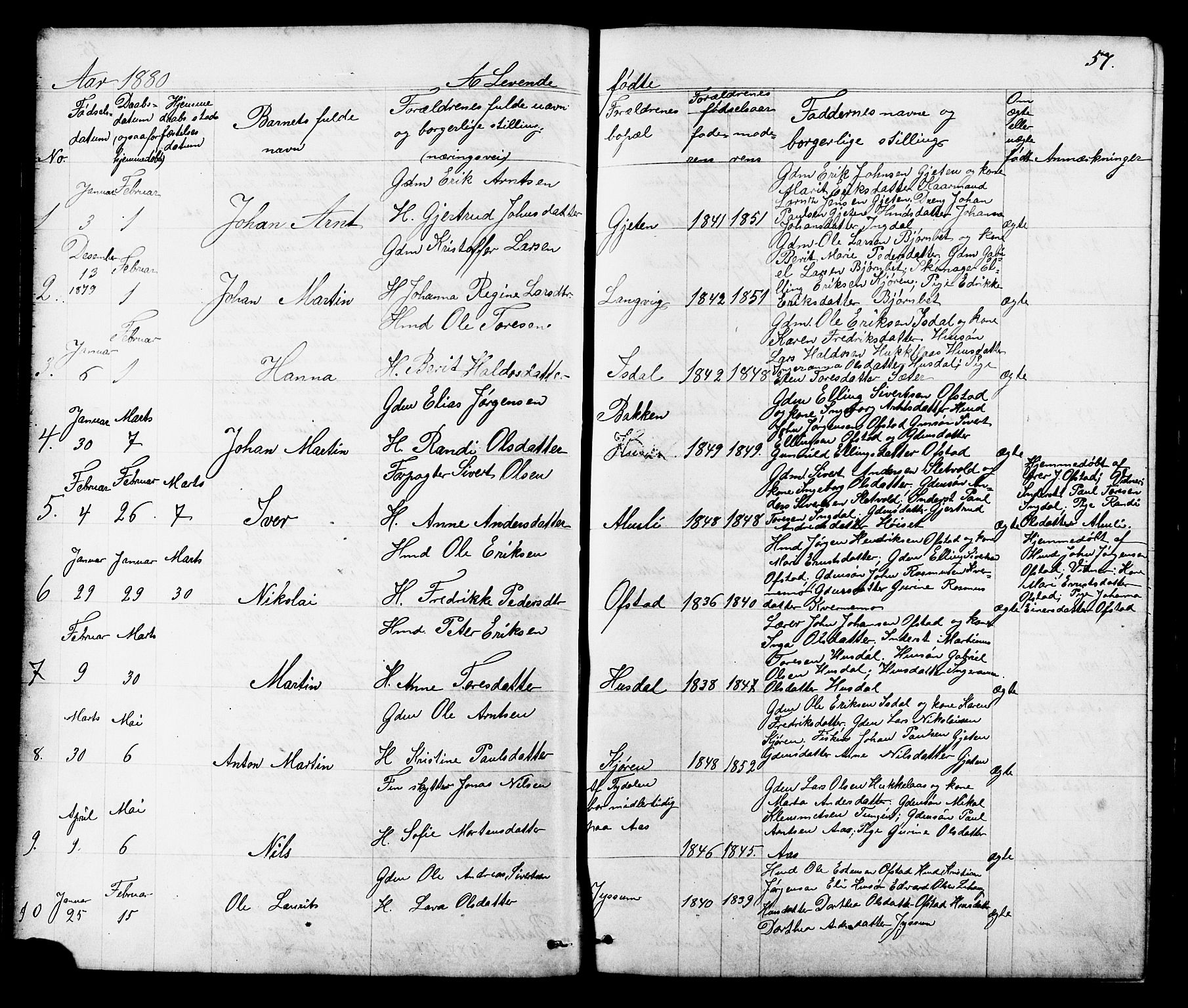 Ministerialprotokoller, klokkerbøker og fødselsregistre - Sør-Trøndelag, SAT/A-1456/665/L0777: Parish register (copy) no. 665C02, 1867-1915, p. 57