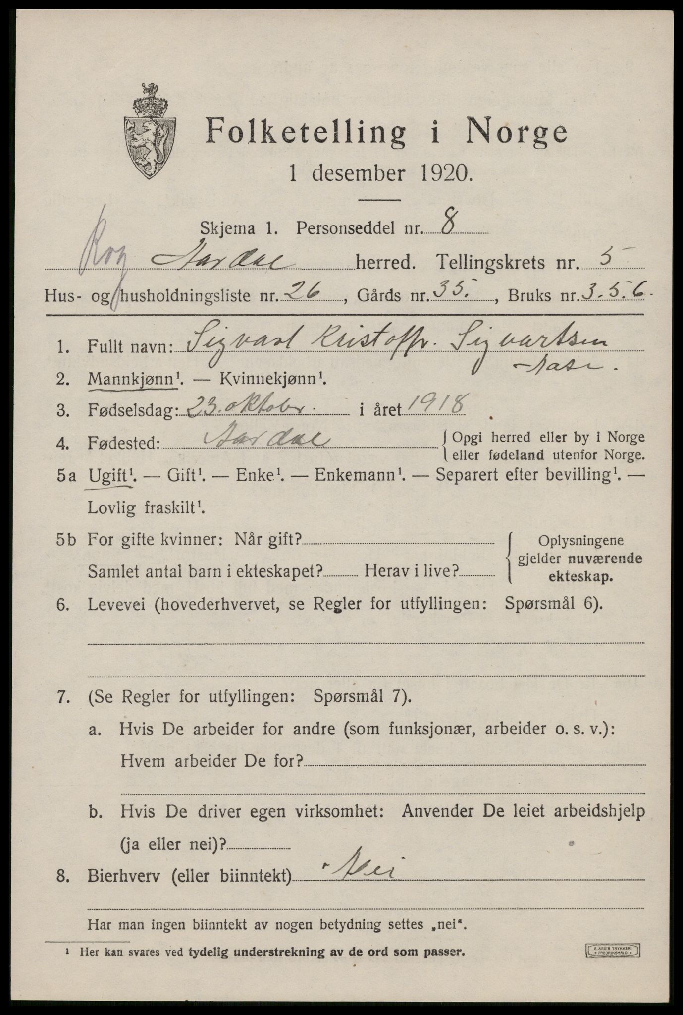 SAST, 1920 census for Årdal, 1920, p. 1750