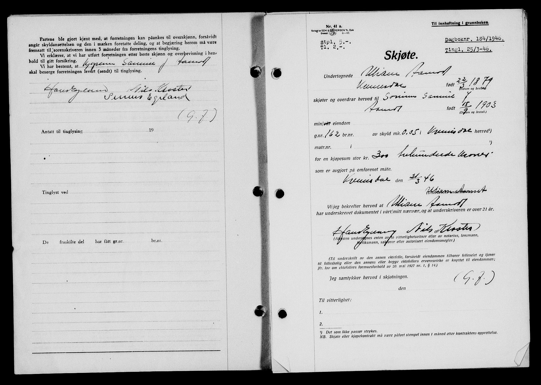 Flekkefjord sorenskriveri, SAK/1221-0001/G/Gb/Gba/L0060: Mortgage book no. A-8, 1945-1946, Diary no: : 184/1946