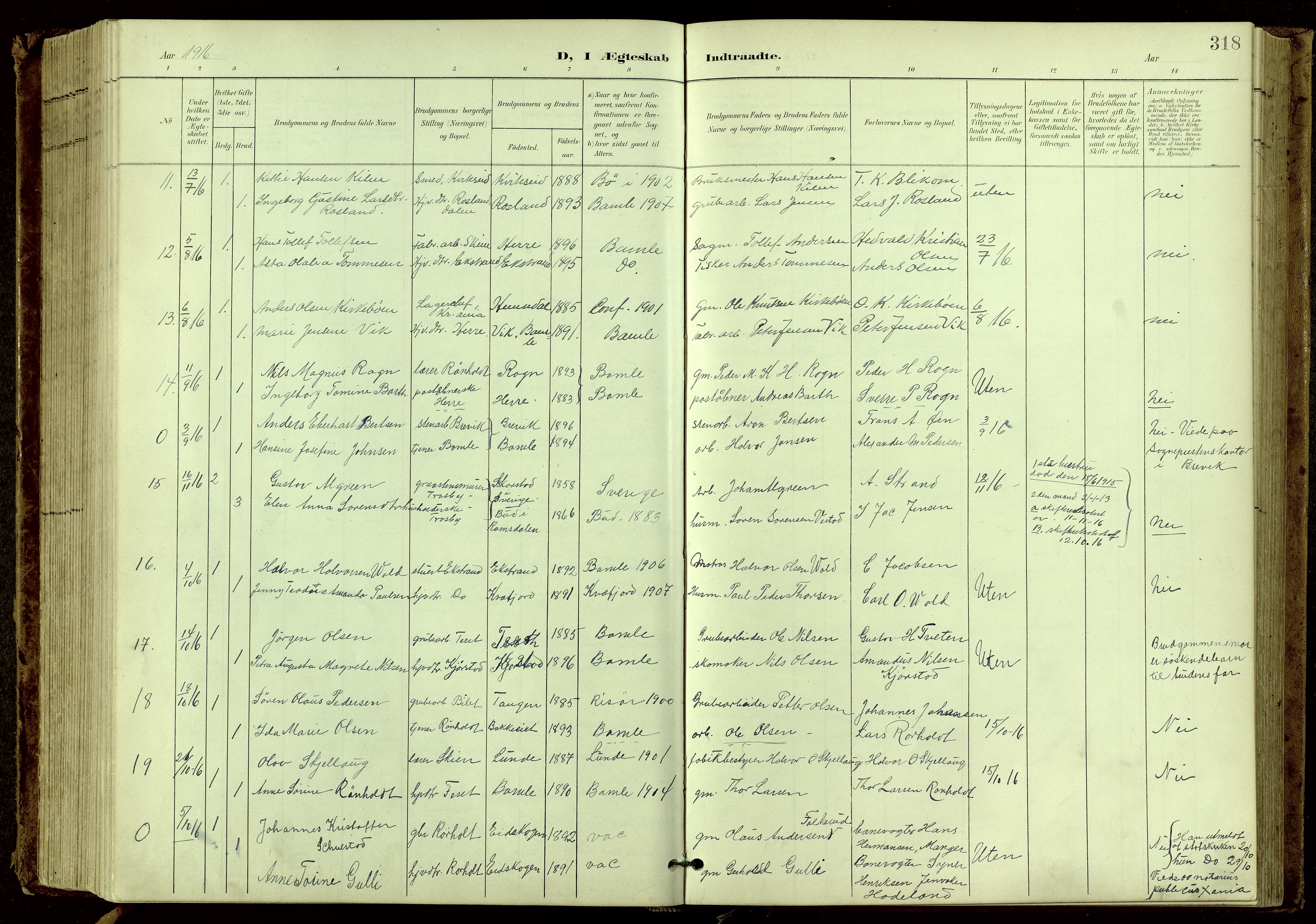 Bamble kirkebøker, SAKO/A-253/G/Ga/L0010: Parish register (copy) no. I 10, 1901-1919, p. 318