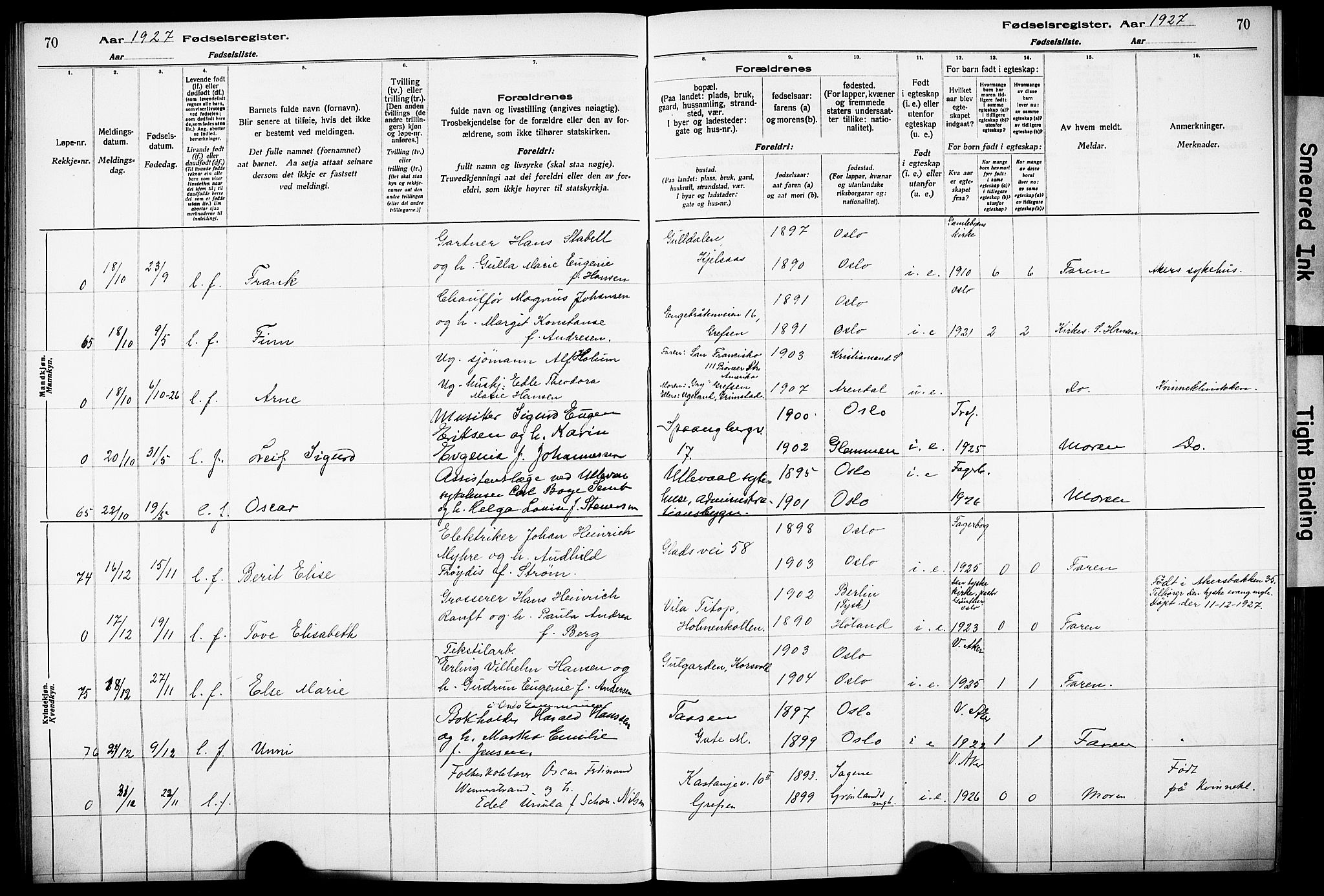 Vestre Aker prestekontor Kirkebøker, AV/SAO-A-10025/J/Ja/L0003: Birth register no. 3, 1926-1930, p. 70