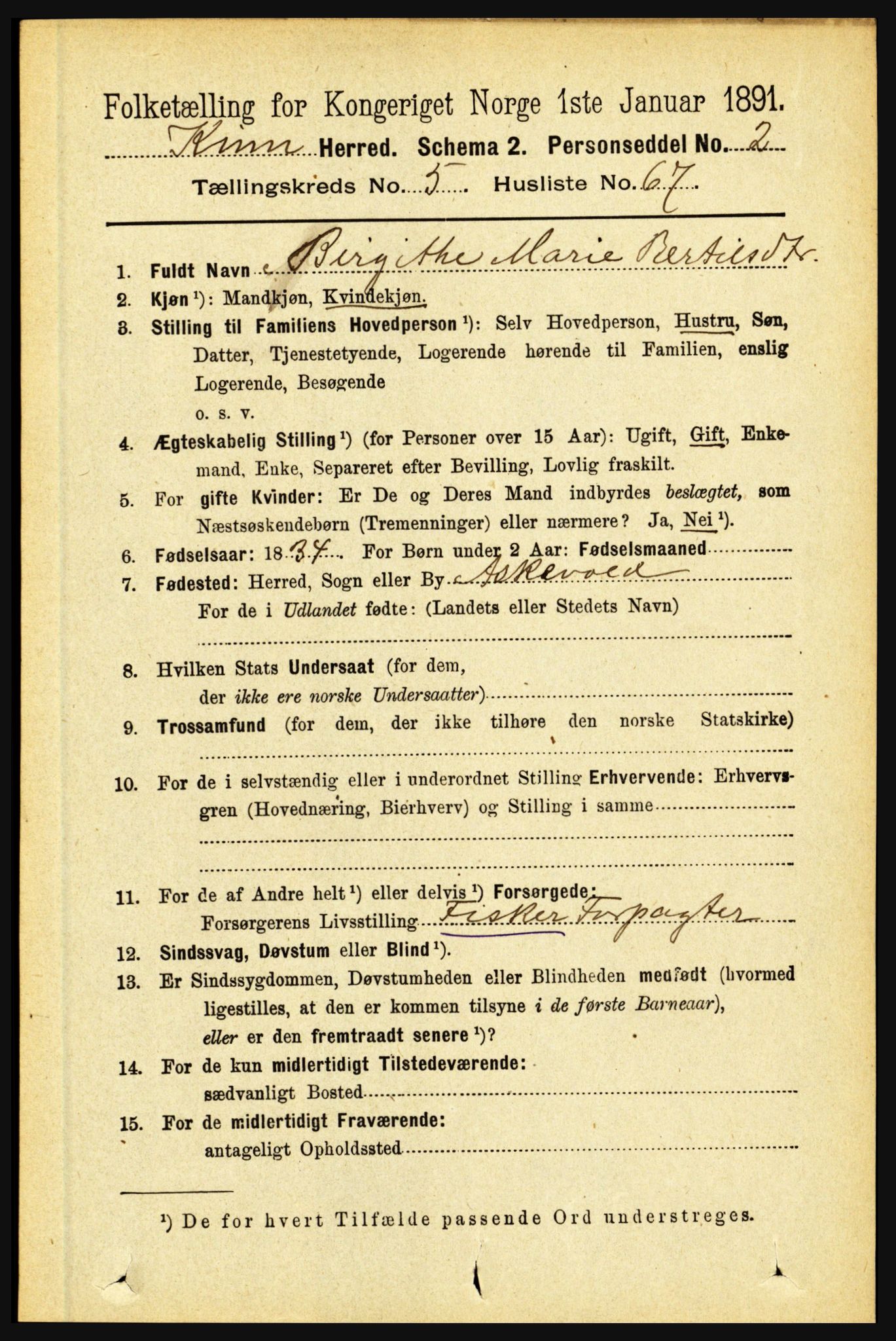 RA, 1891 census for 1437 Kinn, 1891, p. 2174