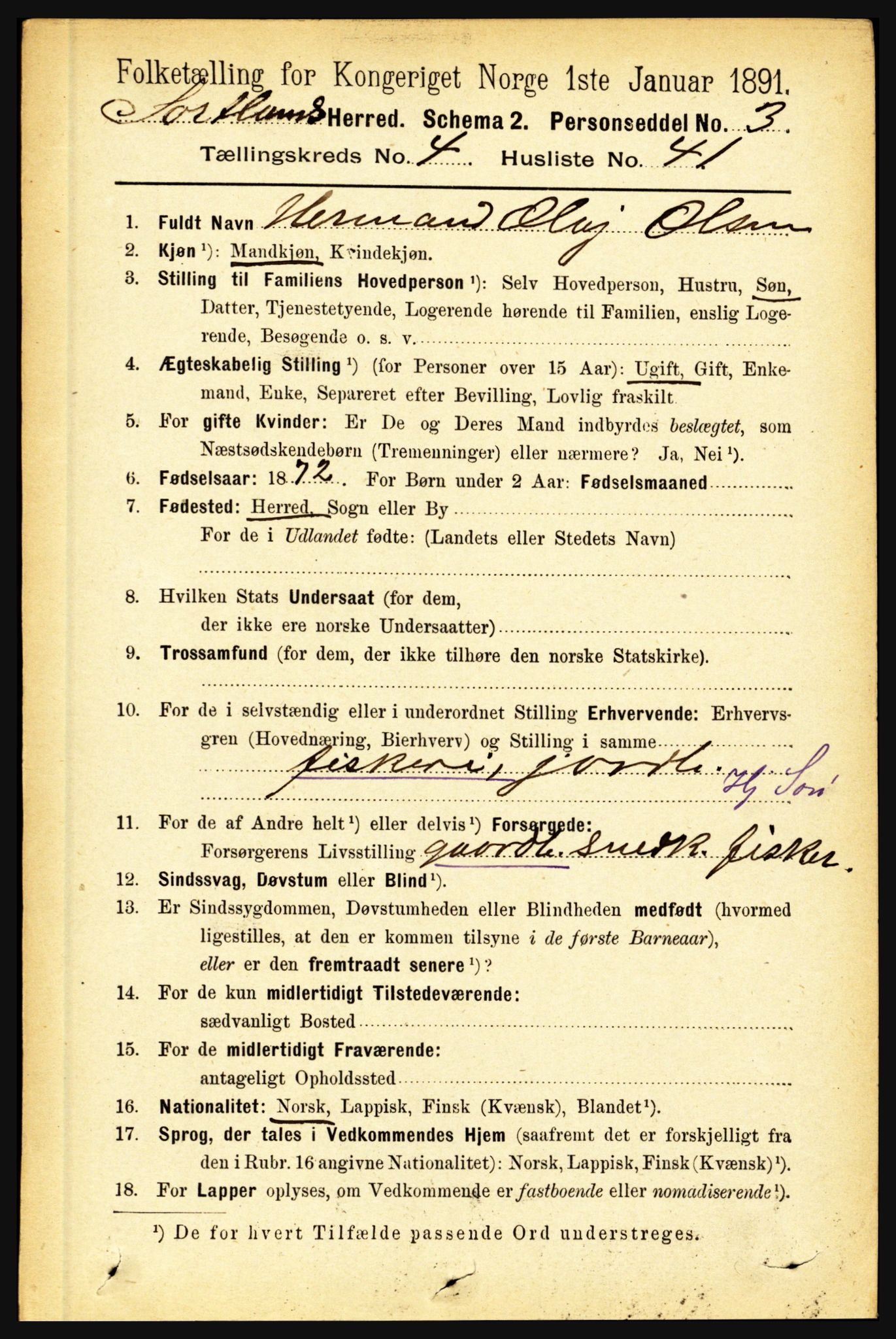 RA, 1891 census for 1870 Sortland, 1891, p. 3003