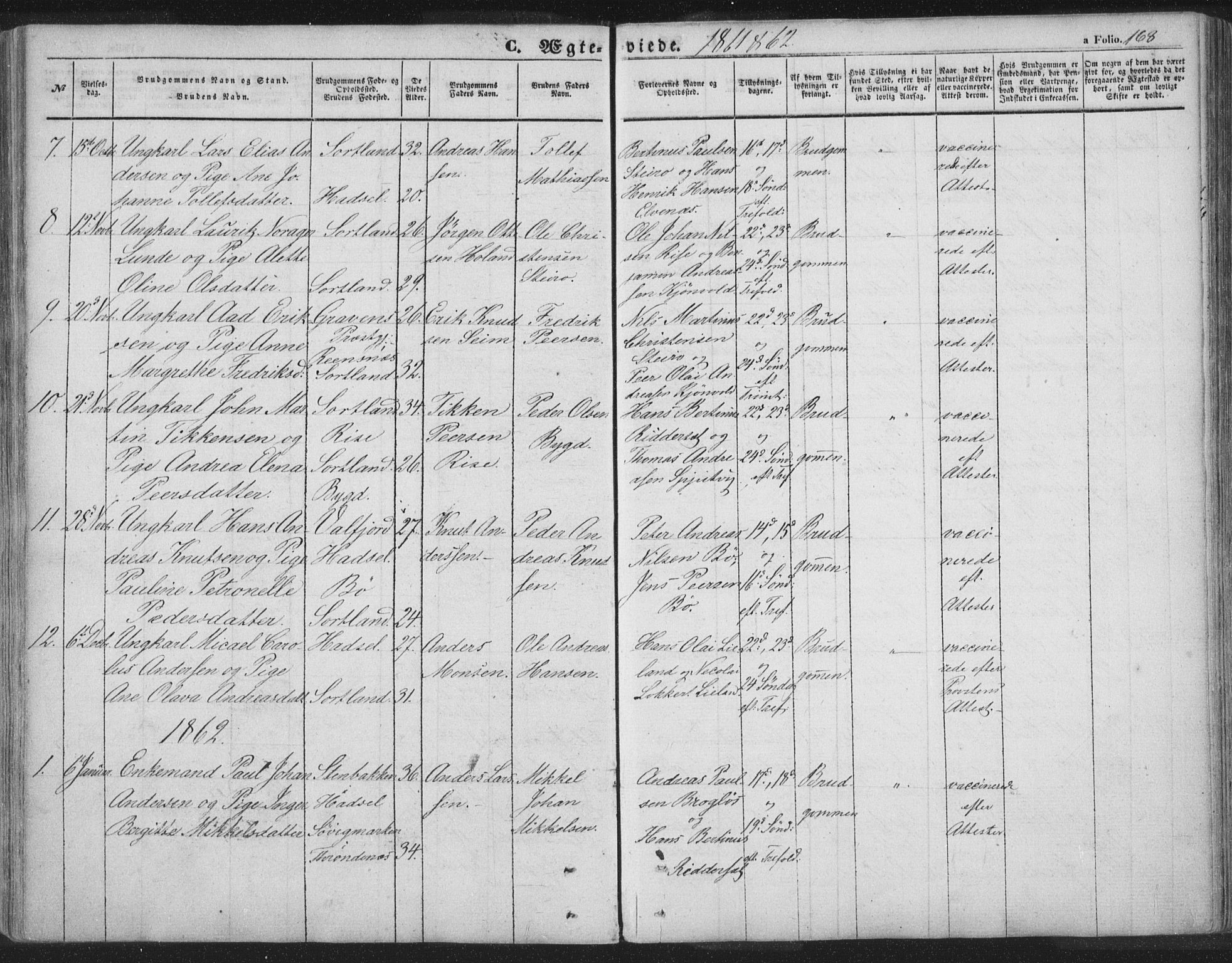 Ministerialprotokoller, klokkerbøker og fødselsregistre - Nordland, AV/SAT-A-1459/895/L1369: Parish register (official) no. 895A04, 1852-1872, p. 168