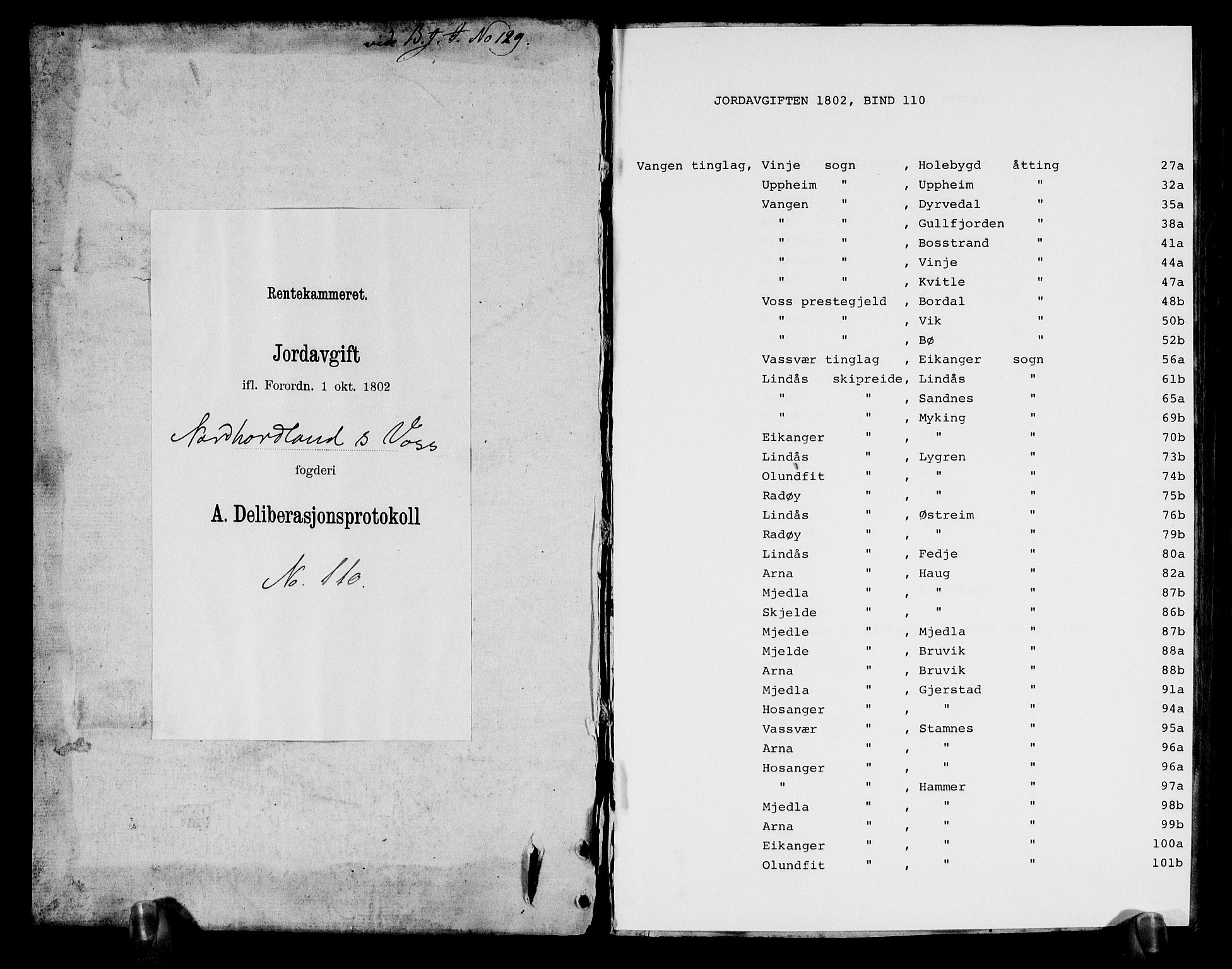 Rentekammeret inntil 1814, Realistisk ordnet avdeling, AV/RA-EA-4070/N/Ne/Nea/L0110: Nordhordland og Voss fogderi. Deliberasjonsprotokoll, 1803, p. 1