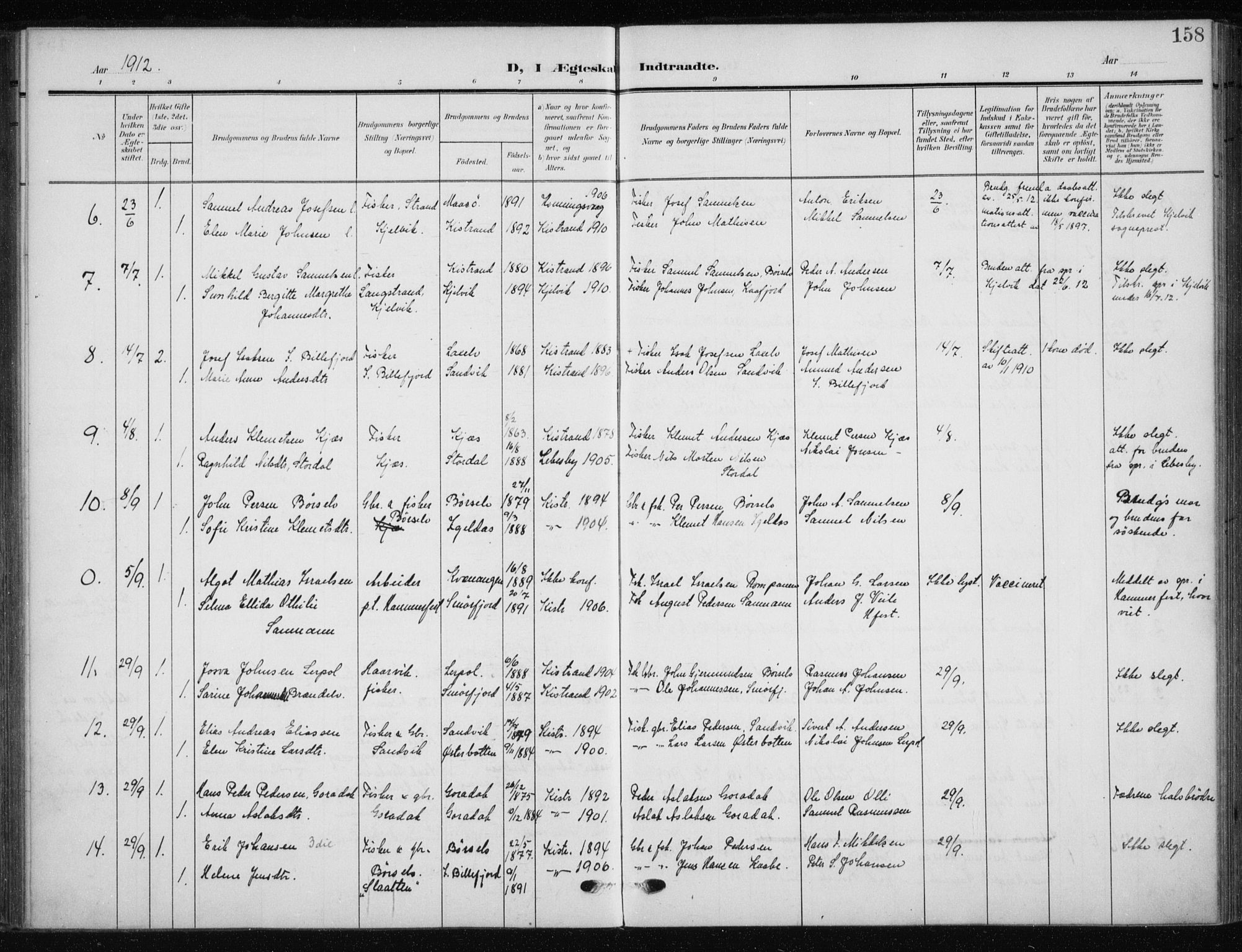 Kistrand/Porsanger sokneprestembete, AV/SATØ-S-1351/H/Ha/L0014.kirke: Parish register (official) no. 14, 1908-1917, p. 158