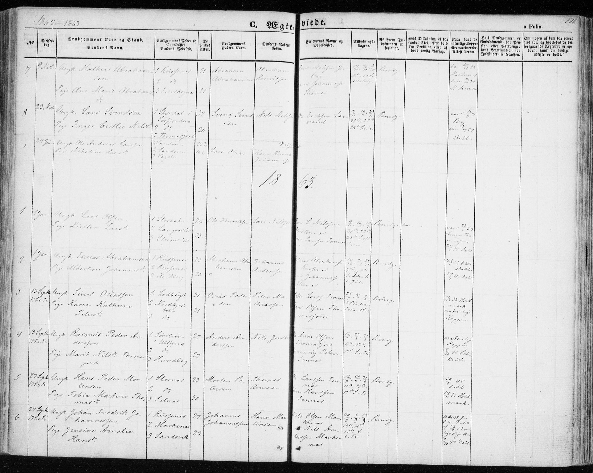Balsfjord sokneprestembete, SATØ/S-1303/G/Ga/L0003kirke: Parish register (official) no. 3, 1856-1870, p. 171