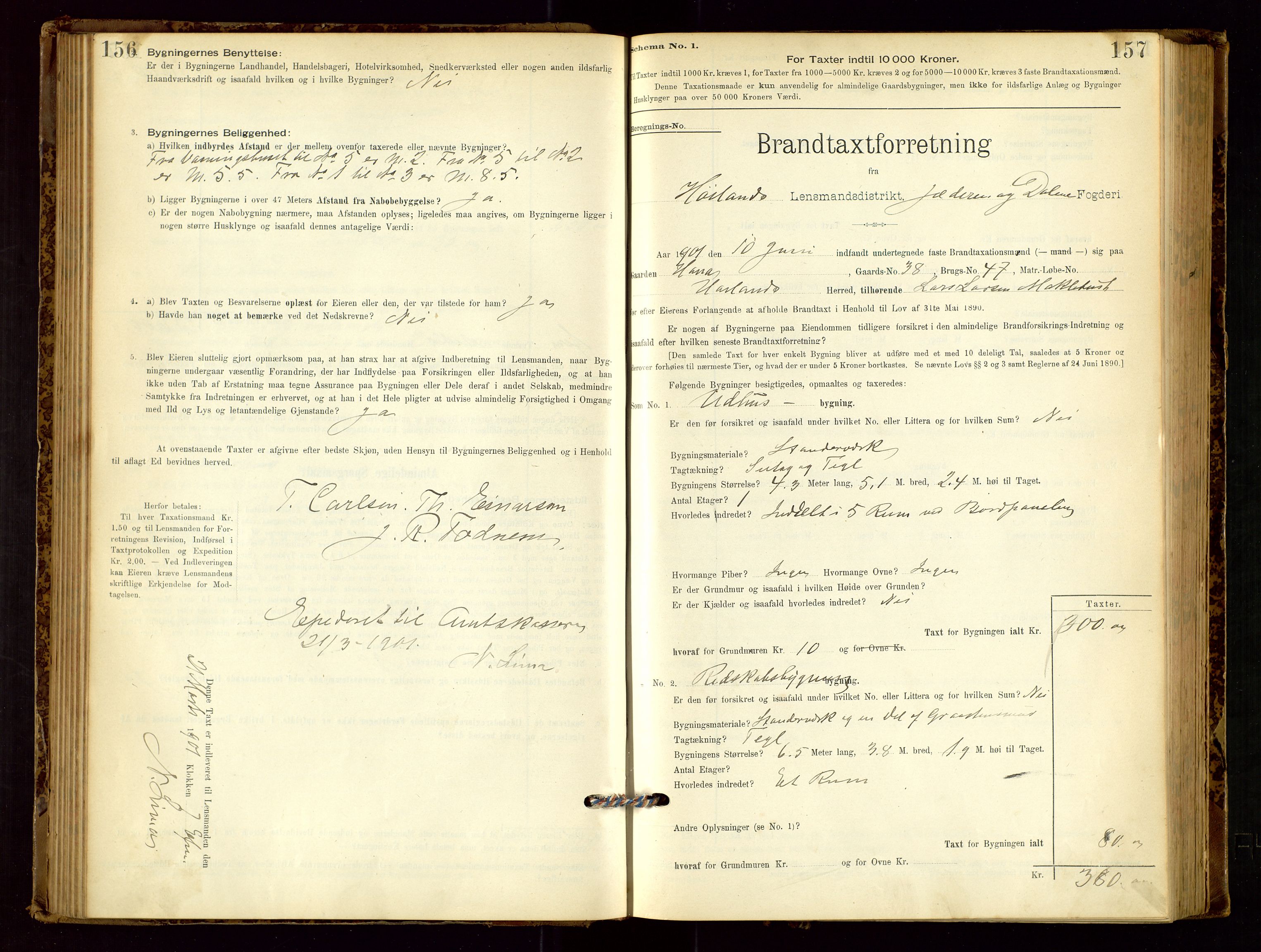 Høyland/Sandnes lensmannskontor, AV/SAST-A-100166/Gob/L0001: "Brandtaxtprotokol", 1890-1913, p. 156-157