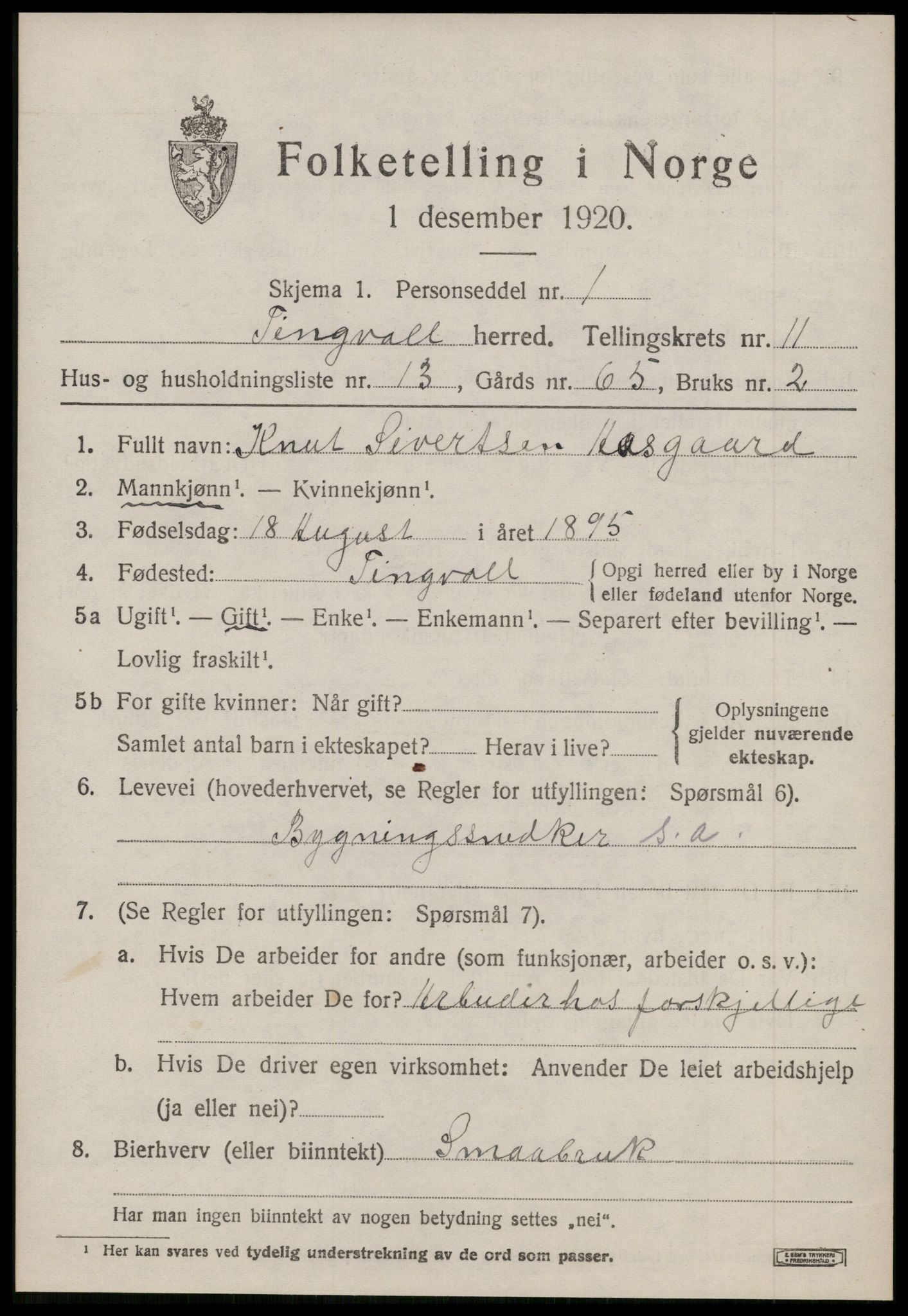 SAT, 1920 census for Tingvoll, 1920, p. 5882