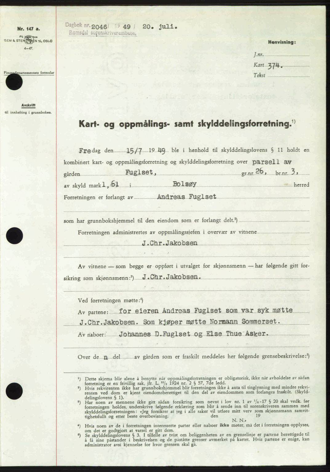 Romsdal sorenskriveri, AV/SAT-A-4149/1/2/2C: Mortgage book no. A30, 1949-1949, Diary no: : 2046/1949