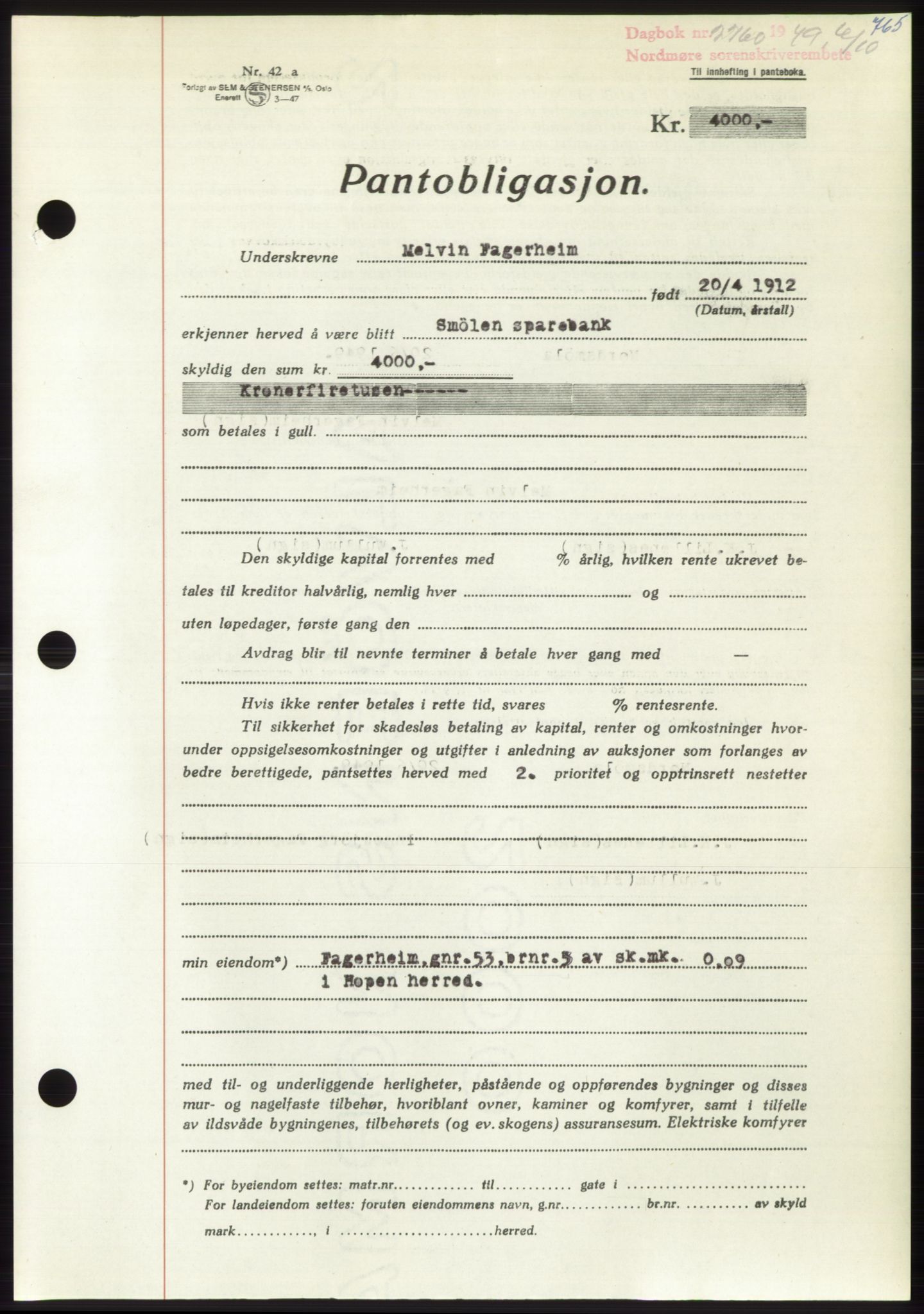 Nordmøre sorenskriveri, AV/SAT-A-4132/1/2/2Ca: Mortgage book no. B102, 1949-1949, Diary no: : 2760/1949