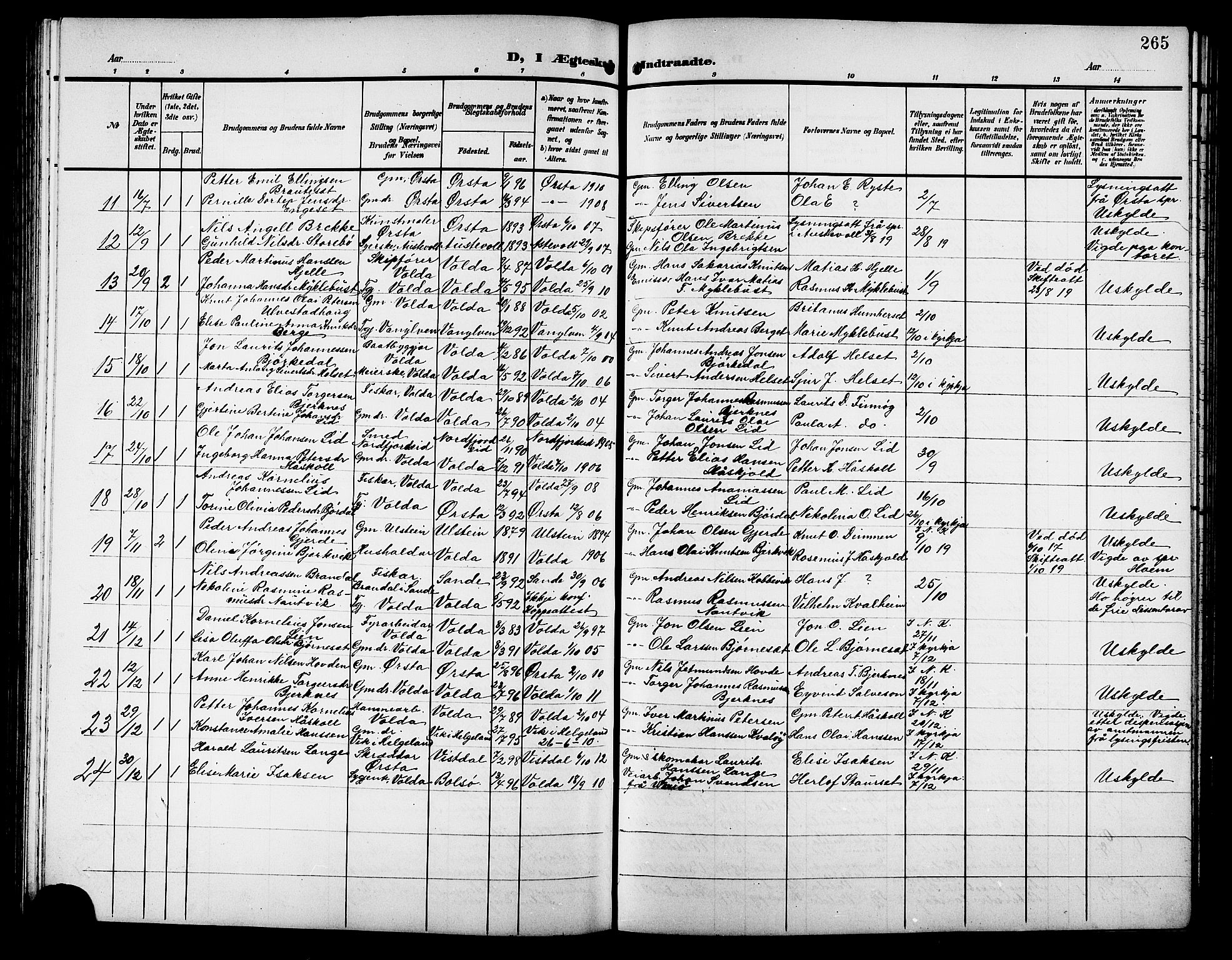 Ministerialprotokoller, klokkerbøker og fødselsregistre - Møre og Romsdal, AV/SAT-A-1454/511/L0159: Parish register (copy) no. 511C05, 1902-1920, p. 265