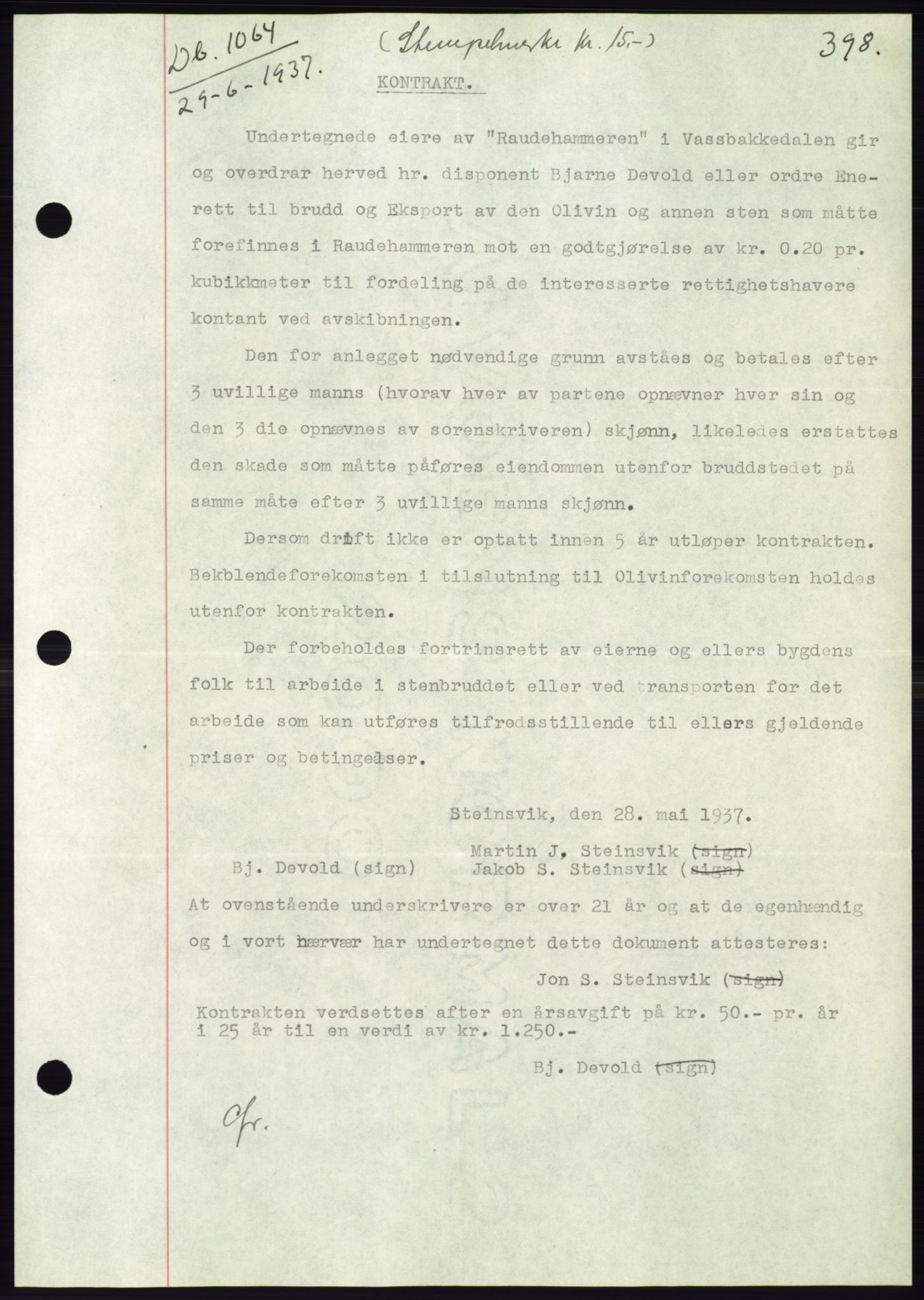 Søre Sunnmøre sorenskriveri, AV/SAT-A-4122/1/2/2C/L0063: Mortgage book no. 57, 1937-1937, Diary no: : 1064/1937