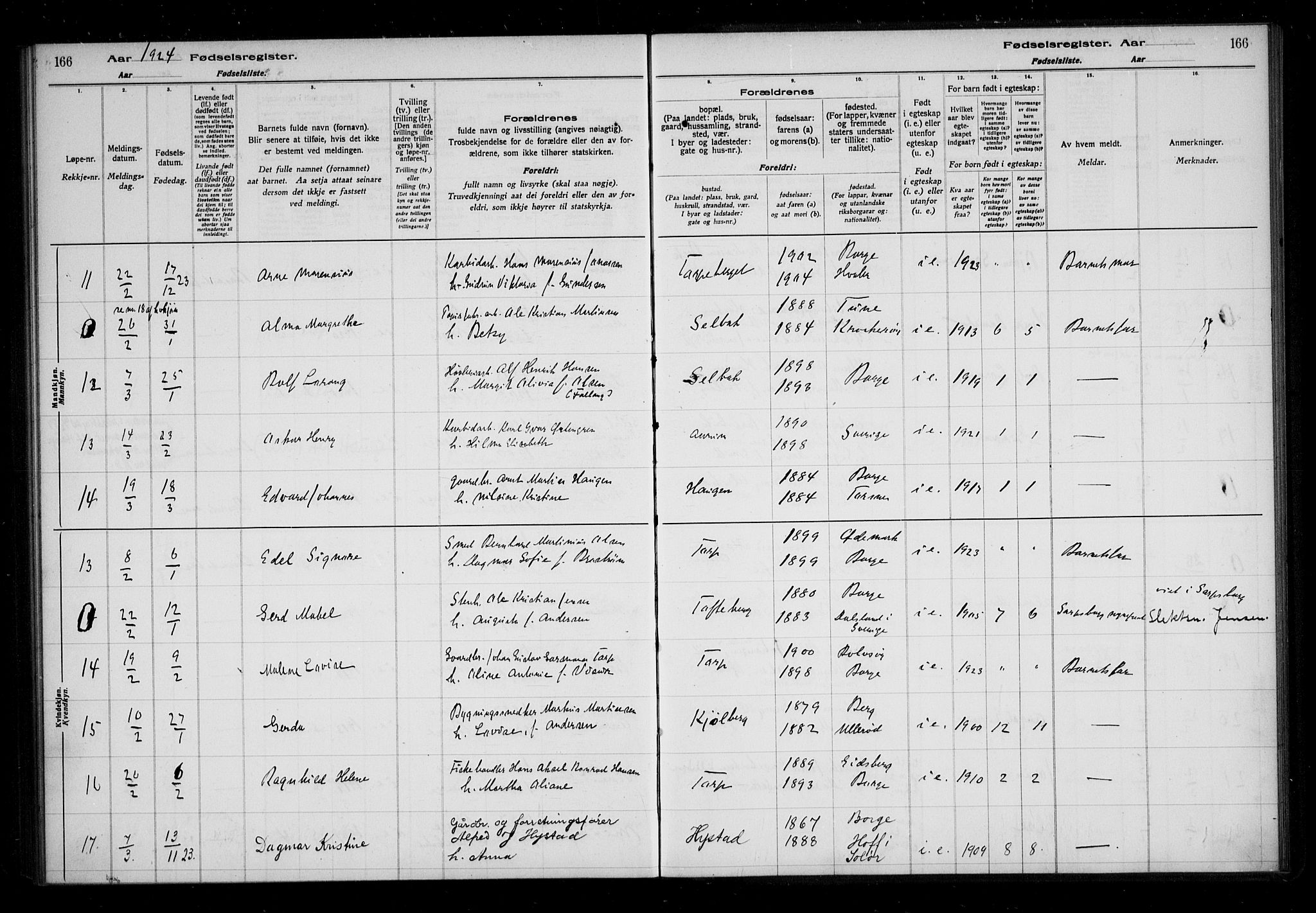 Borge prestekontor Kirkebøker, AV/SAO-A-10903/J/Ja/L0001: Birth register no. I 1, 1916-1925, p. 166