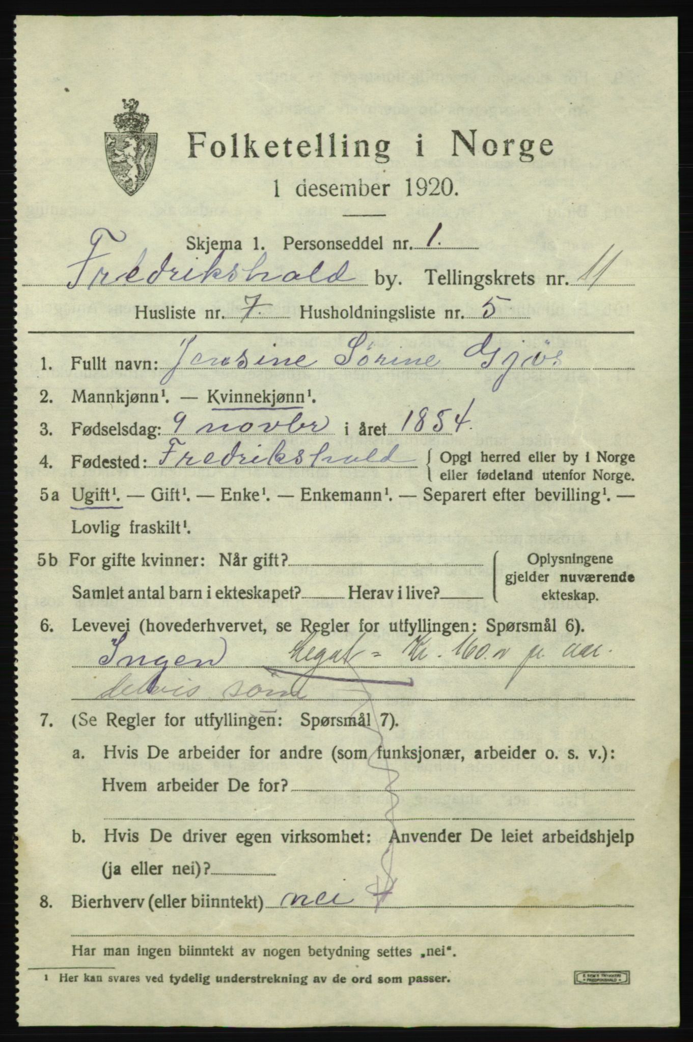 SAO, 1920 census for Fredrikshald, 1920, p. 18975