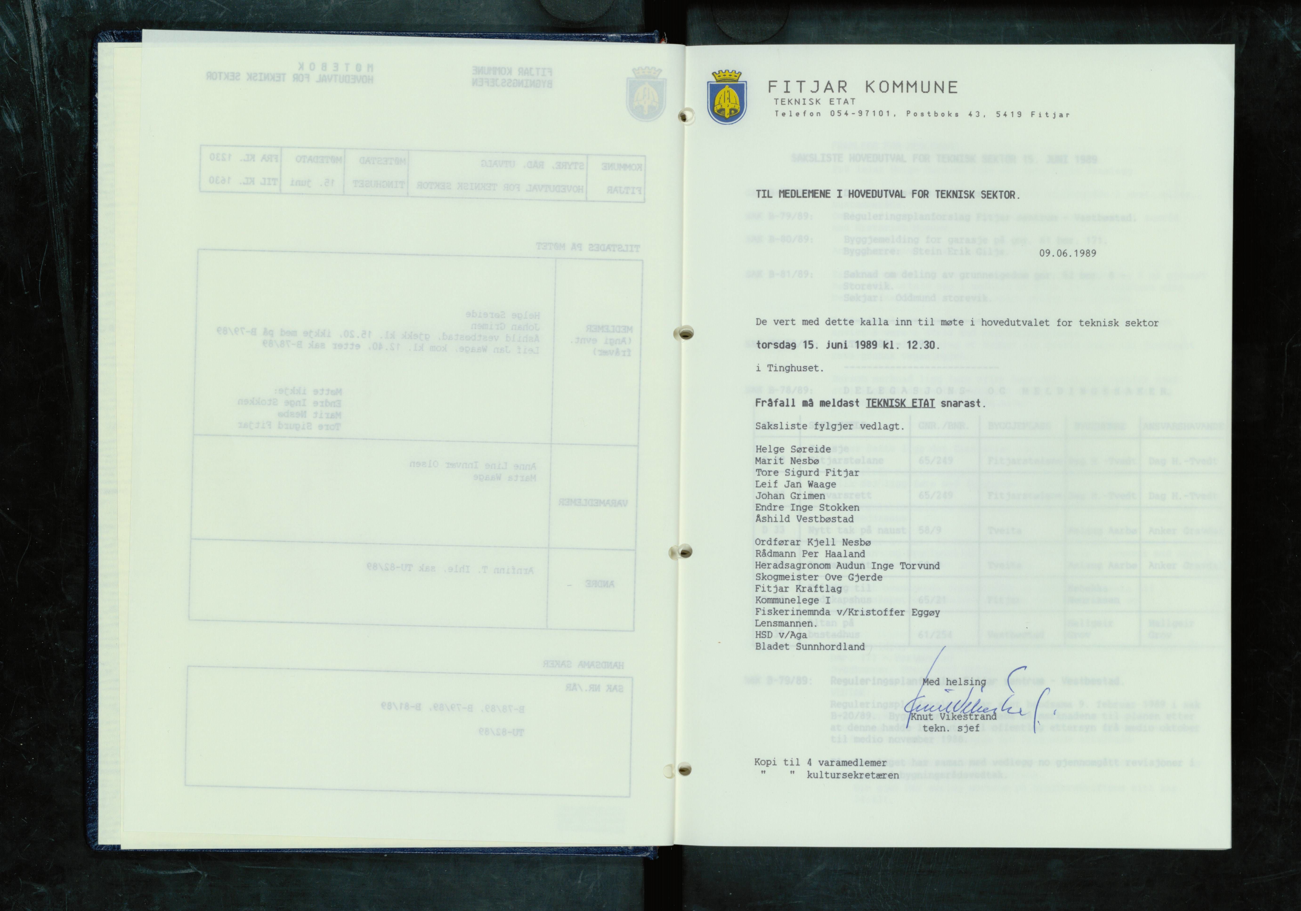 Fitjar kommune. Hovudutval for teknisk sektor, IKAH/1222-510/A/Aa/L0004: Møtebok for Fitjar hovudutval for teknisk sektor, 1989