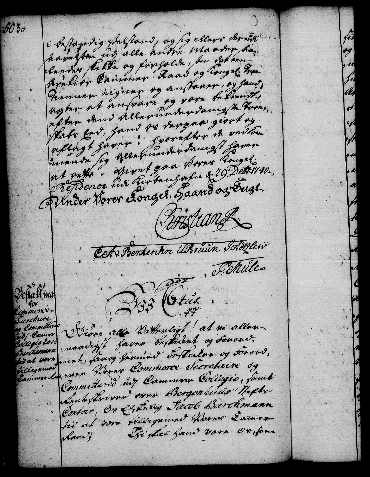 Rentekammeret, Kammerkanselliet, RA/EA-3111/G/Gg/Gge/L0002: Norsk bestallingsprotokoll med register (merket RK 53.26), 1730-1744, p. 503